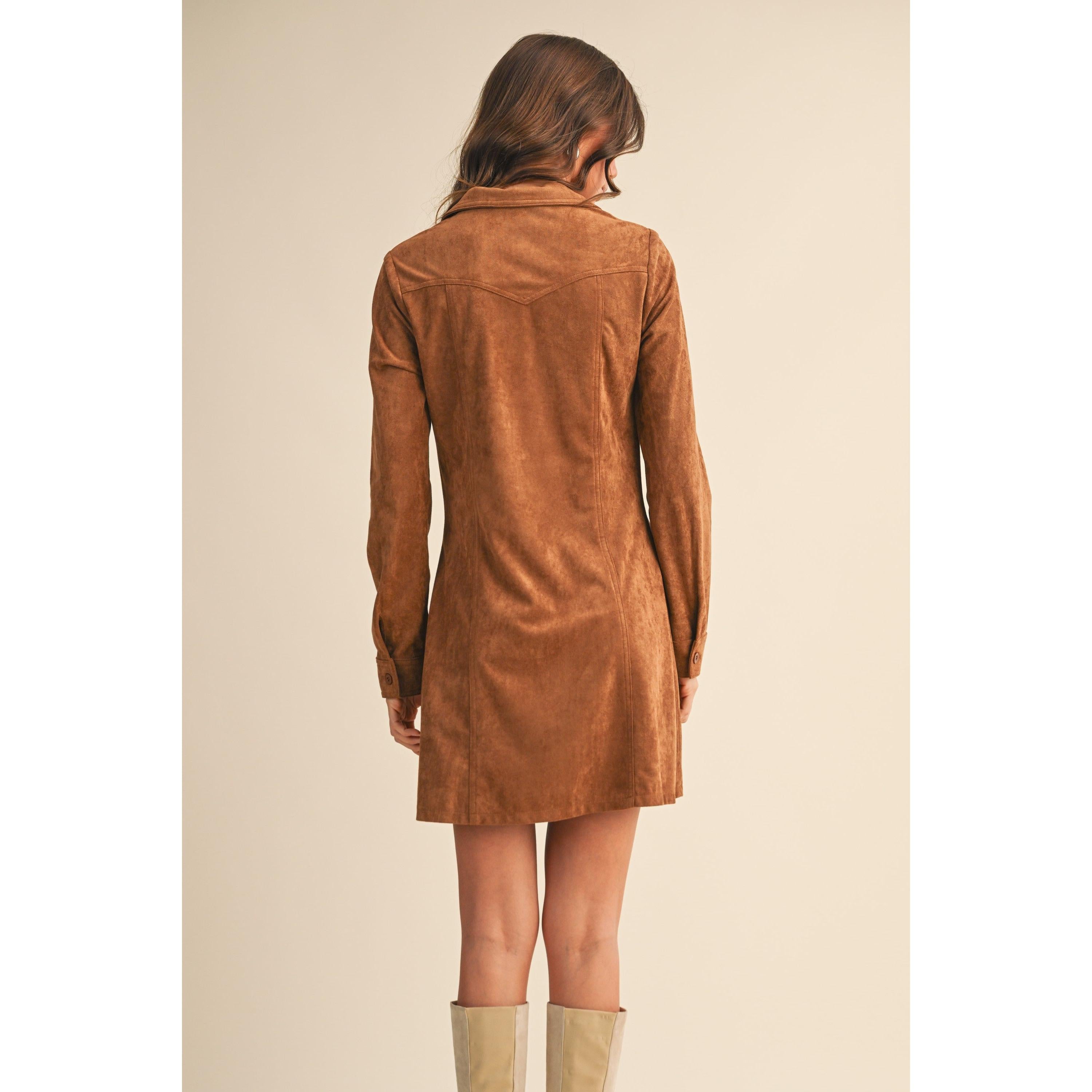 Embroidered Suede Button Down Mini Dress || Mocha