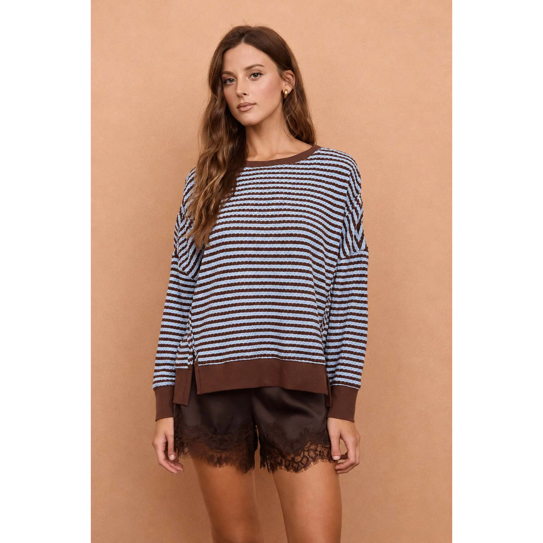Stripe Exposed Seam Split Hem Top