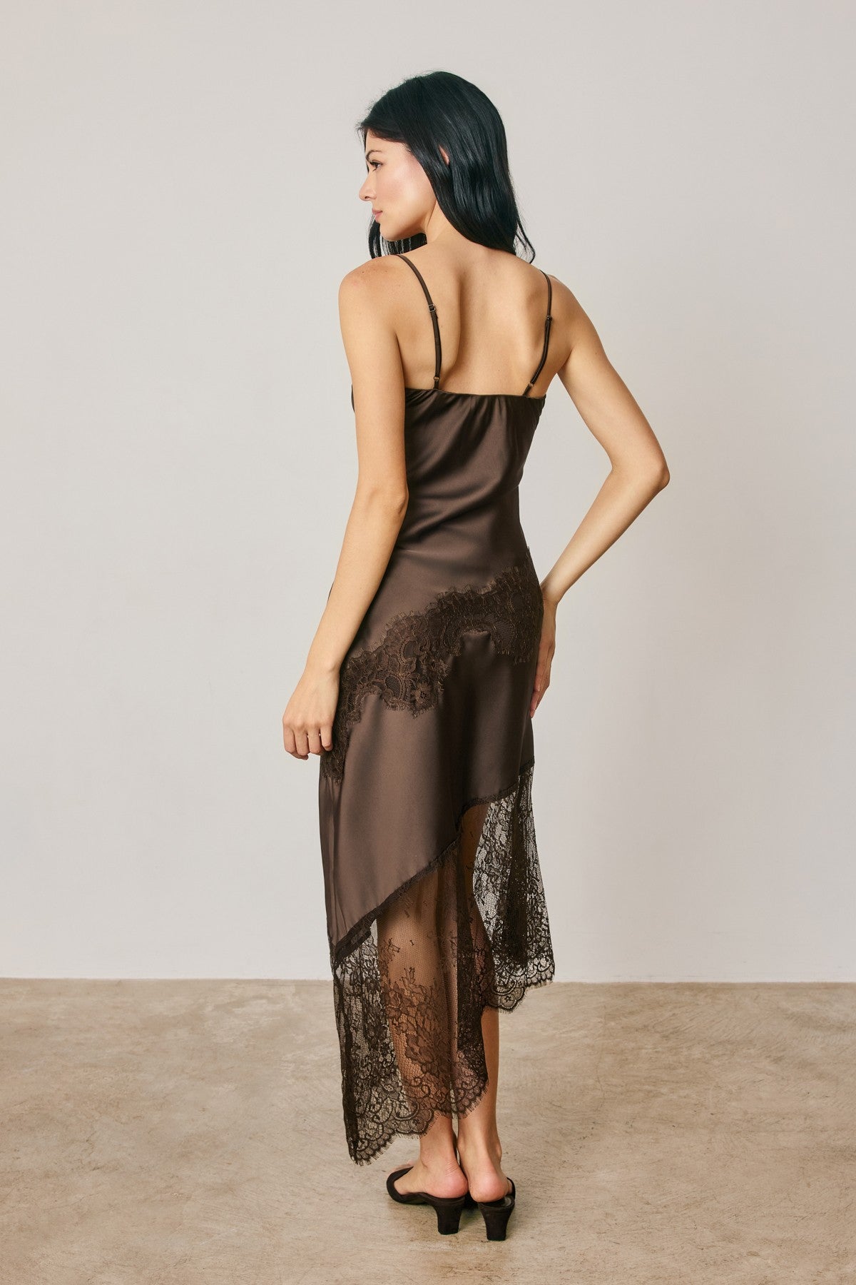 Asymmetrical Lace Trim Midi Slip Dress