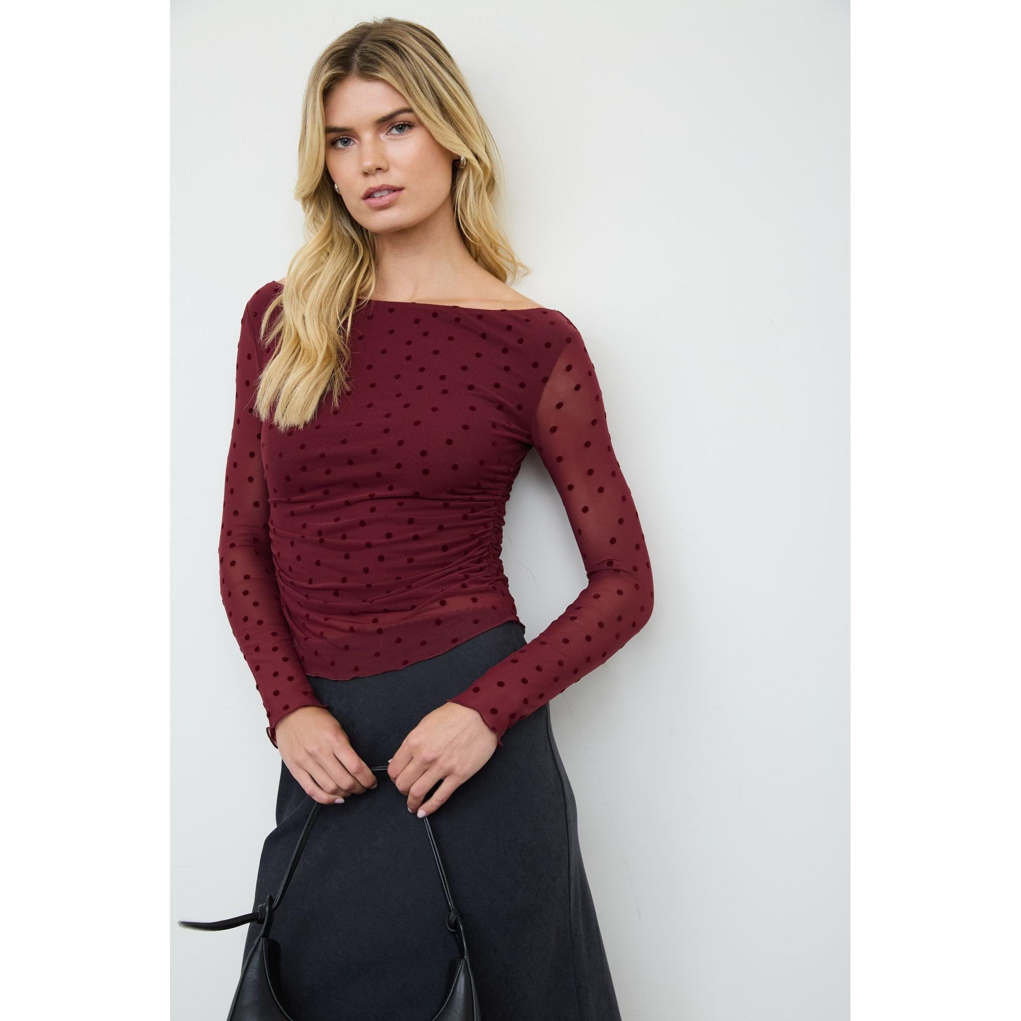 Polka Dot Mesh Off-shoulder Top