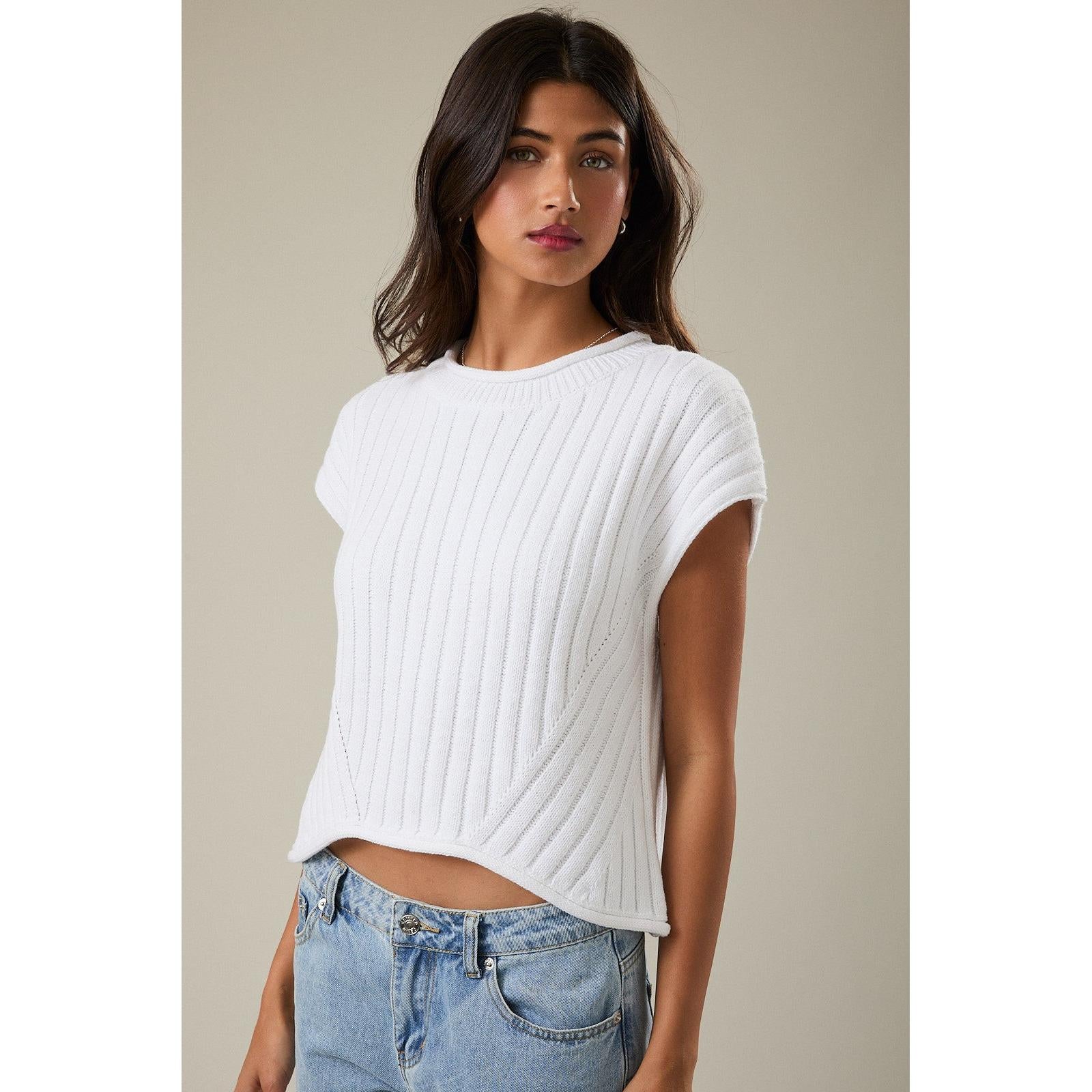 white short sleeve sweater, cap sleeve knit top