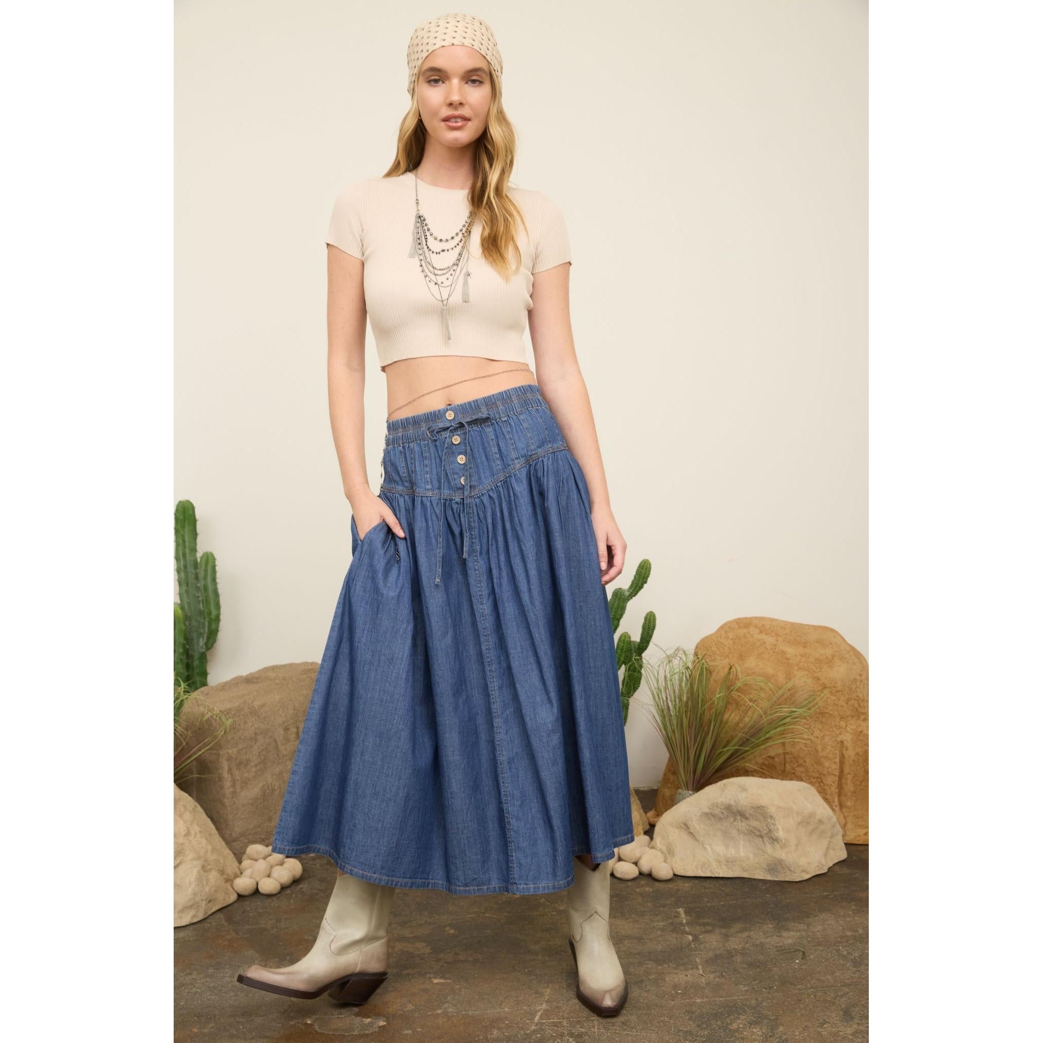 Yoke Detail Denim Maxi Skirt || Denim