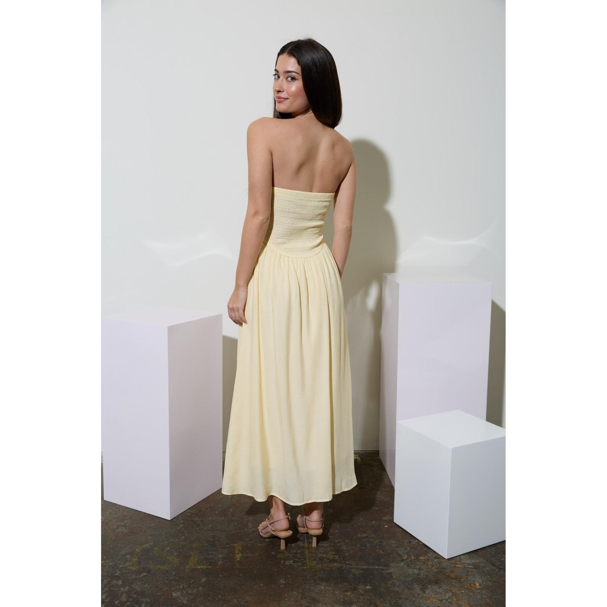 Strapless Gathered Detail Midi Dress || Butter Yellow