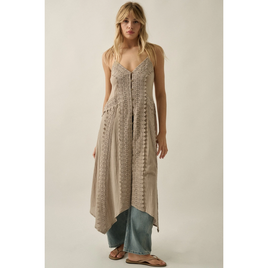 Lace-Trimmed Button-Front Cami Maxi Top || Stone