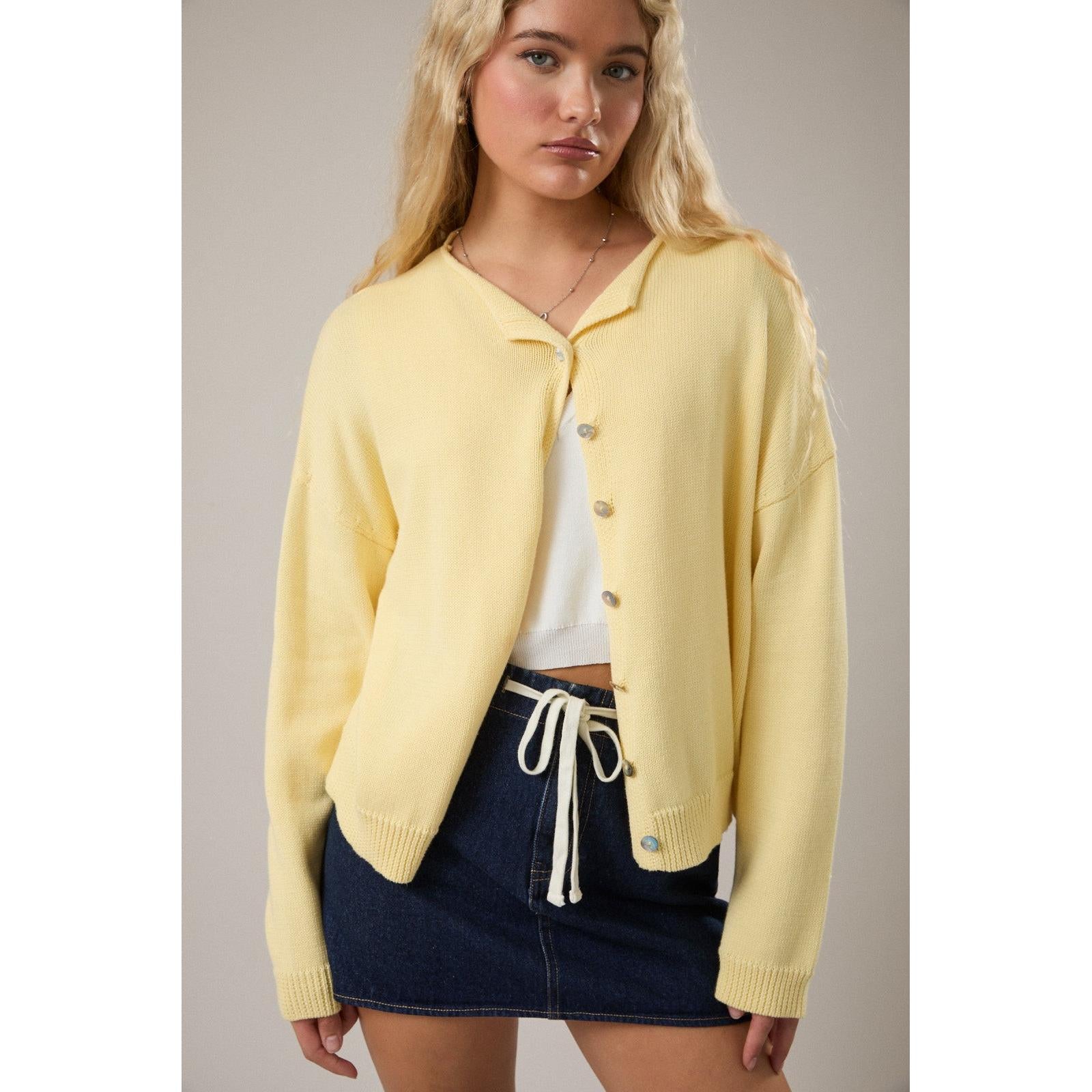 butter yellow rolled hemline lightweight cardigan
