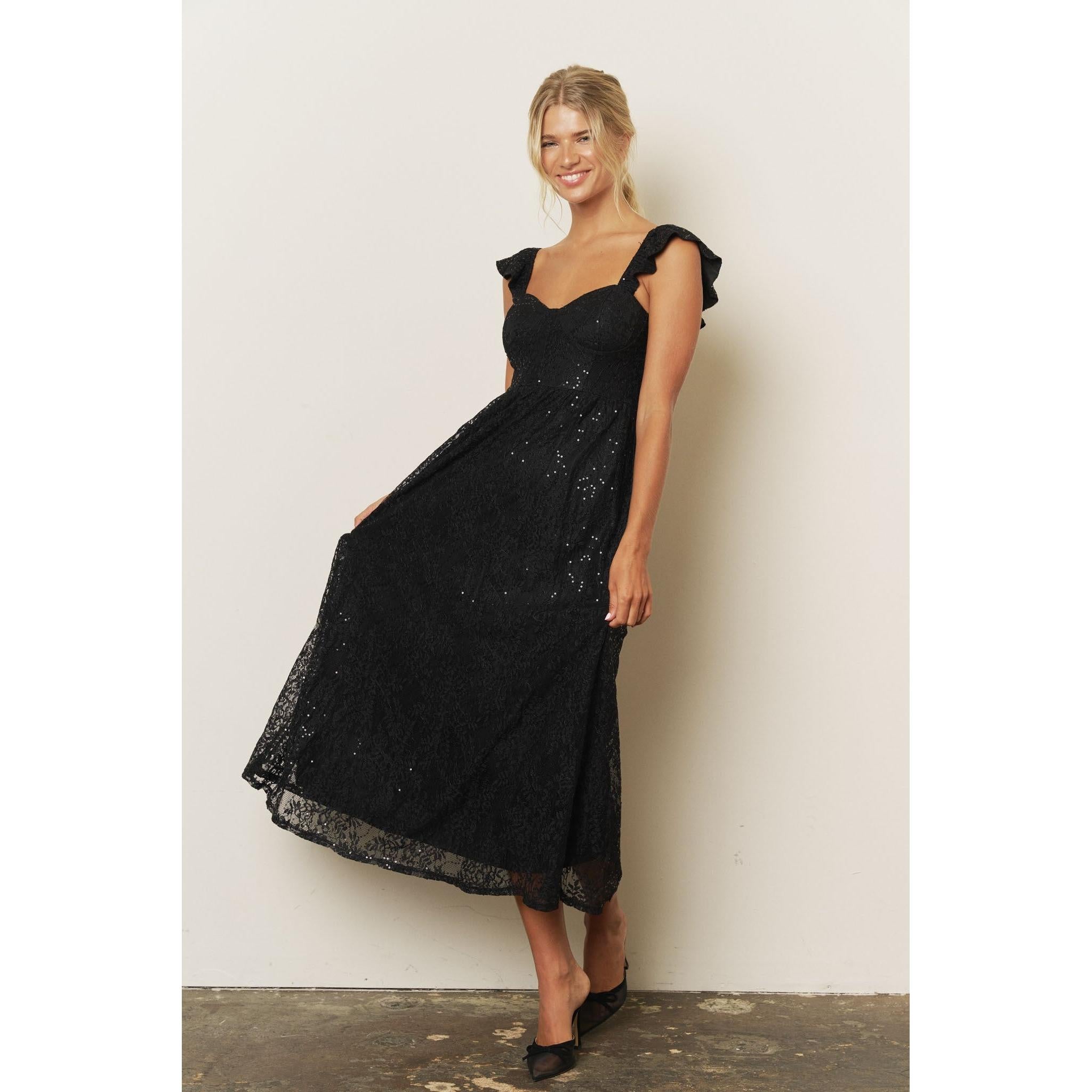 Sequin Sweetheart Ruffle Strap Corset Midi Dress || Black