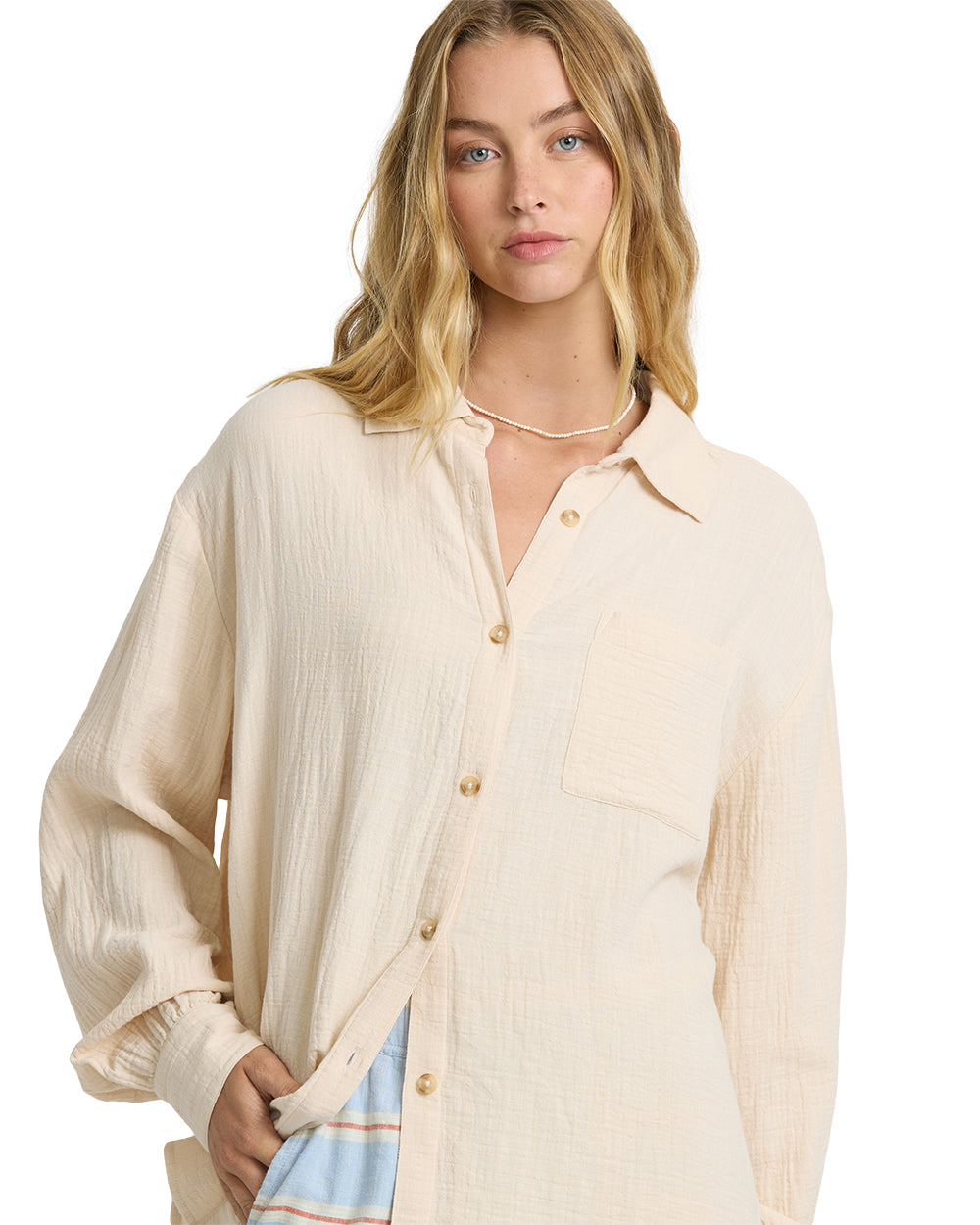 Billabong Wanderer Solid Long Sleeve Woven Top || Dove