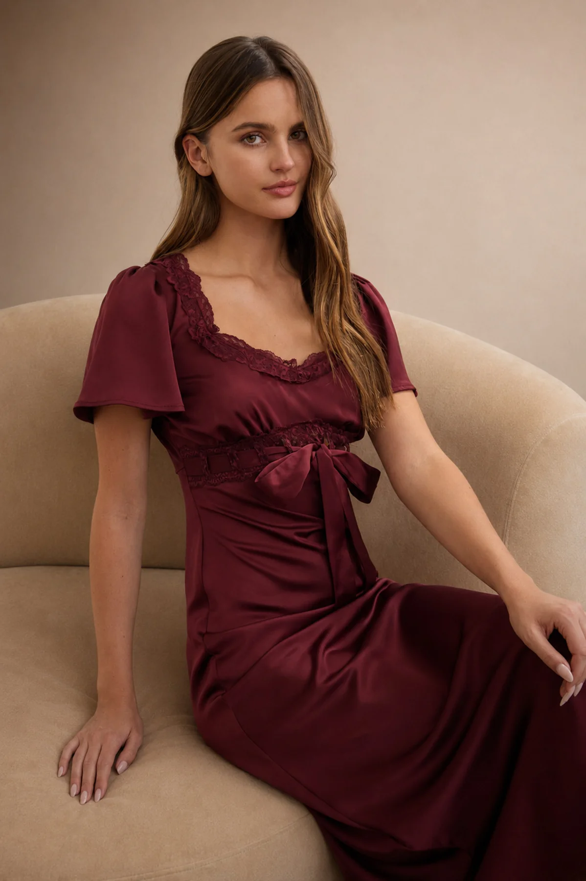 Lace Trim Bell Sleeve & Bow Detail Dress