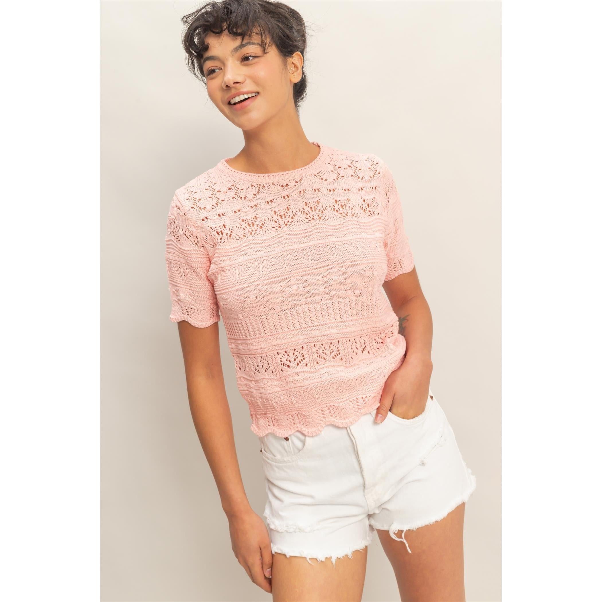 pink short sleeve knit top