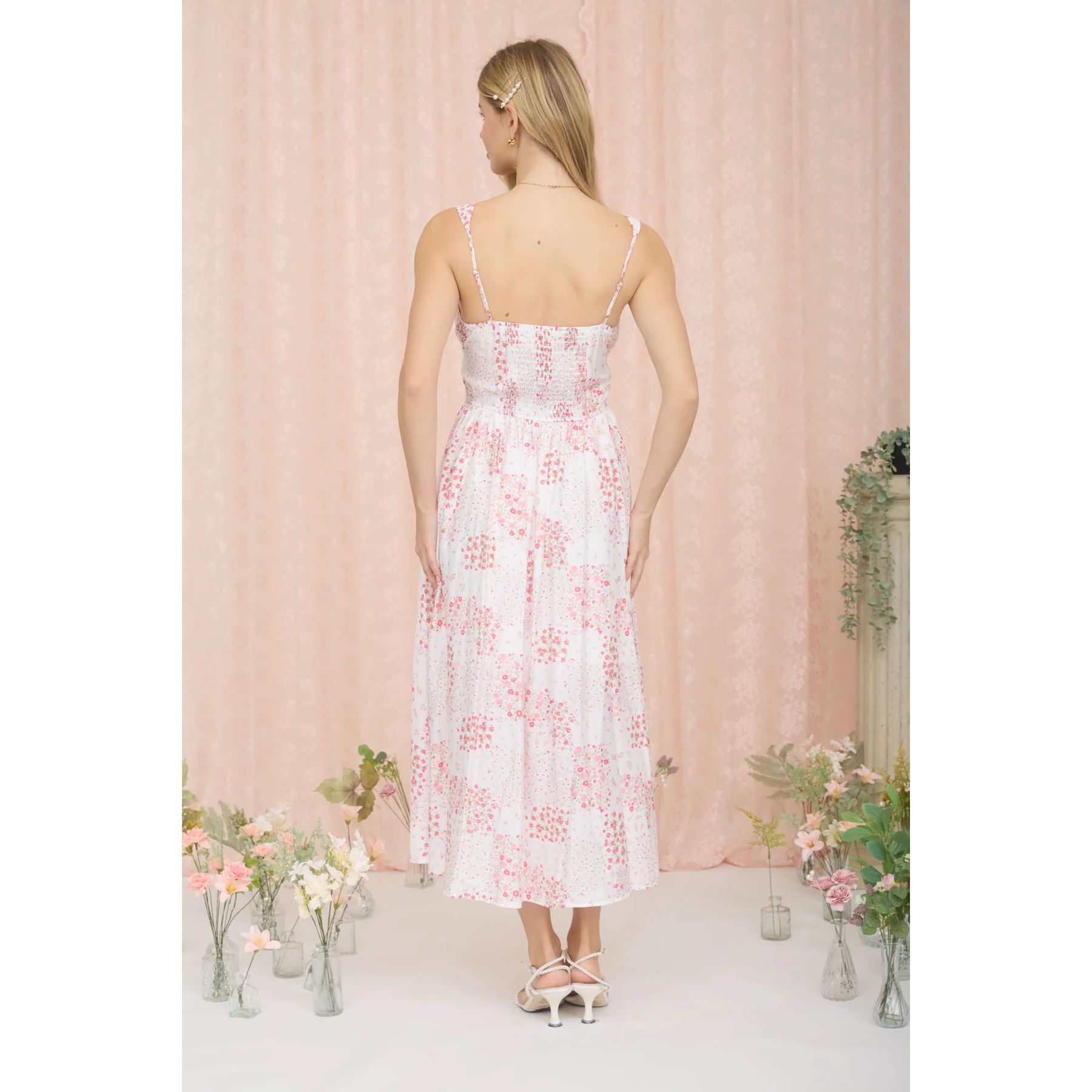 Sleeveless Floral Corset Midi Dress || Red Multi