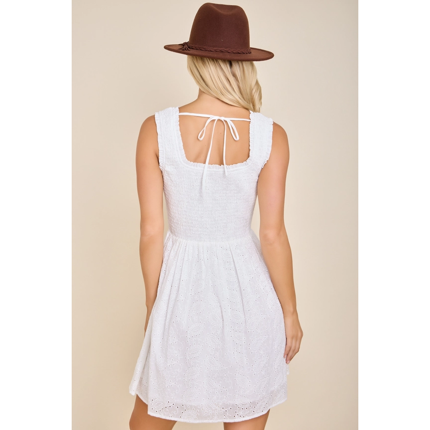 Eyelet Smocked Mini Dress || White