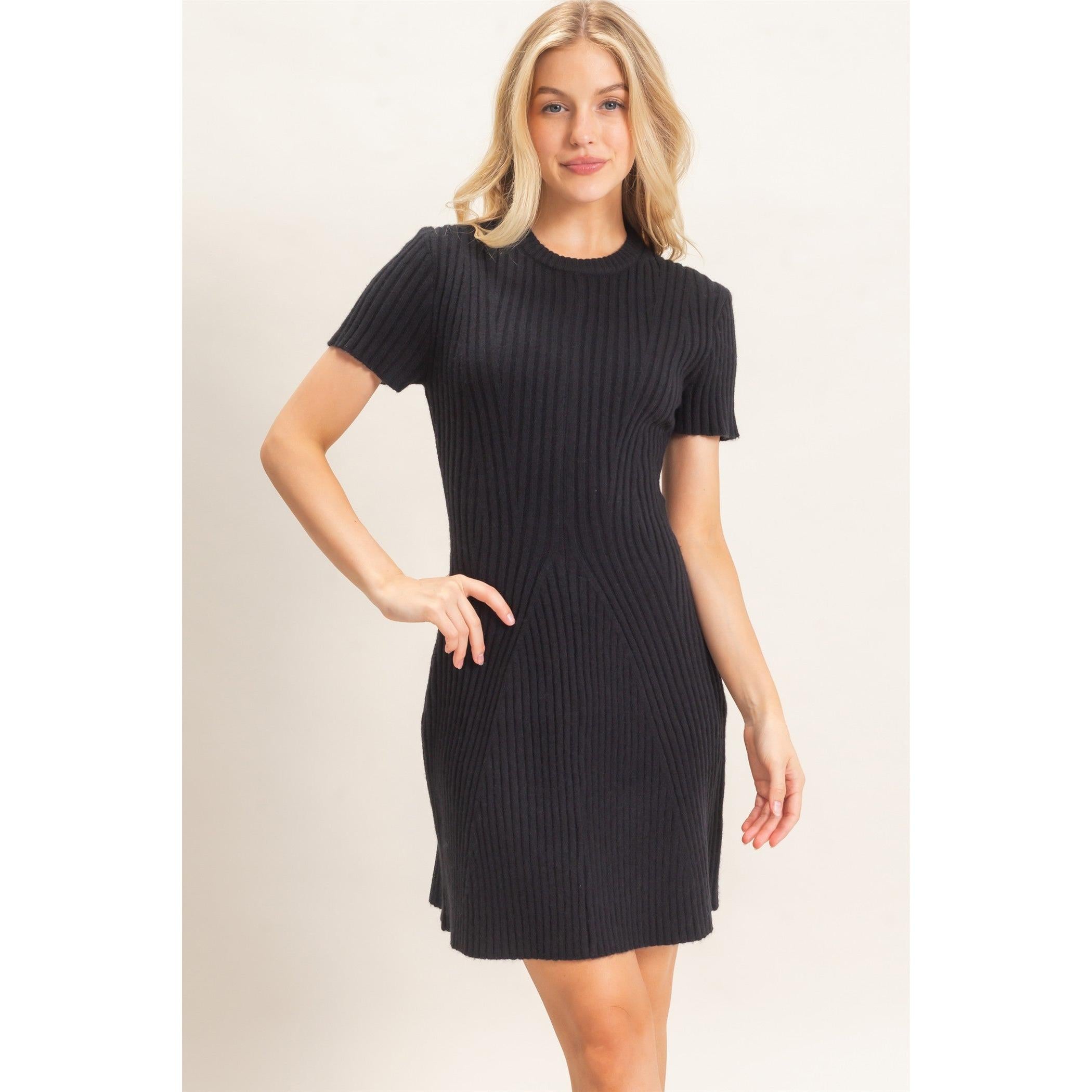 Ribbed Crew Neck Sweater Dress || Black