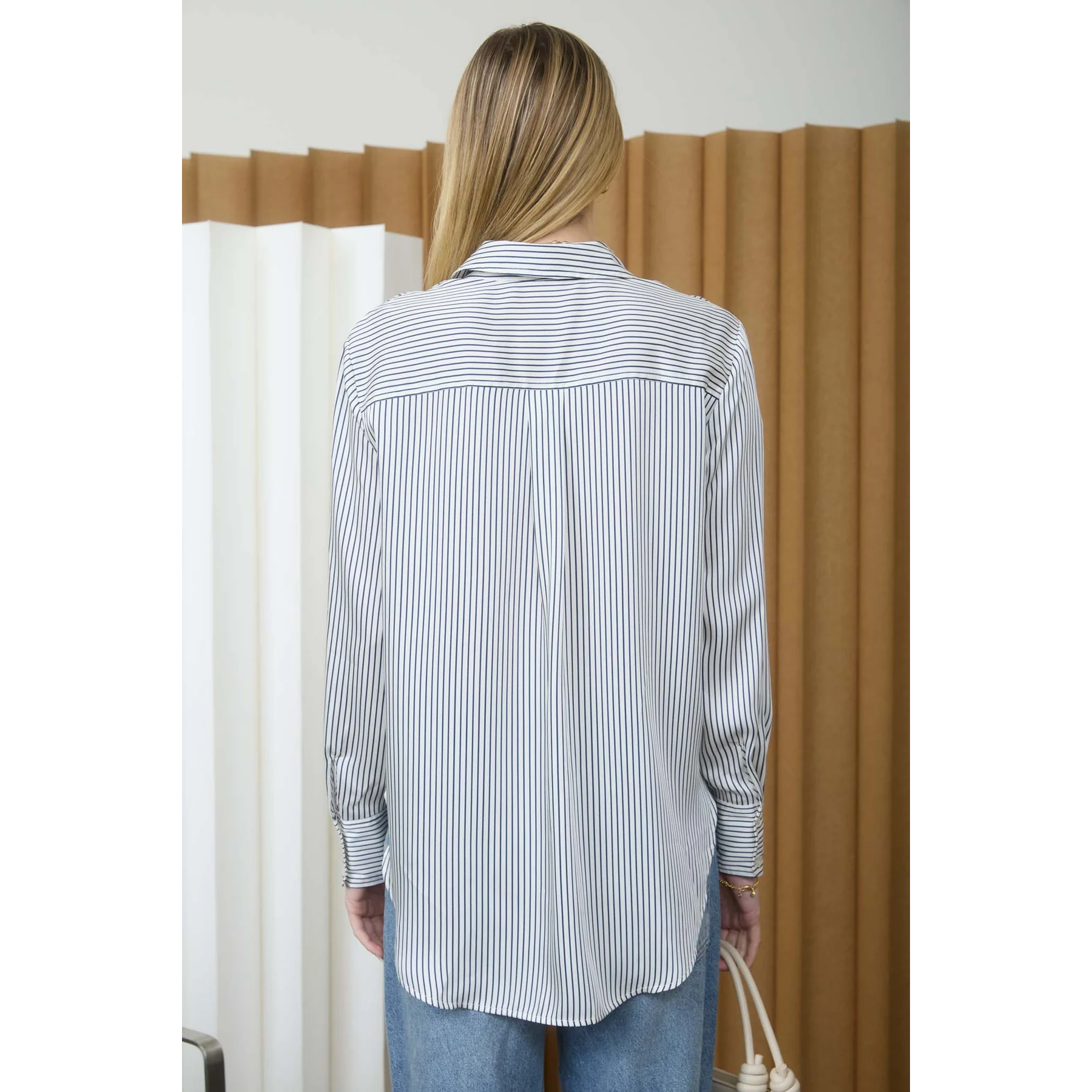 Pinstripe Collared Long Sleeve Shirt || Navy