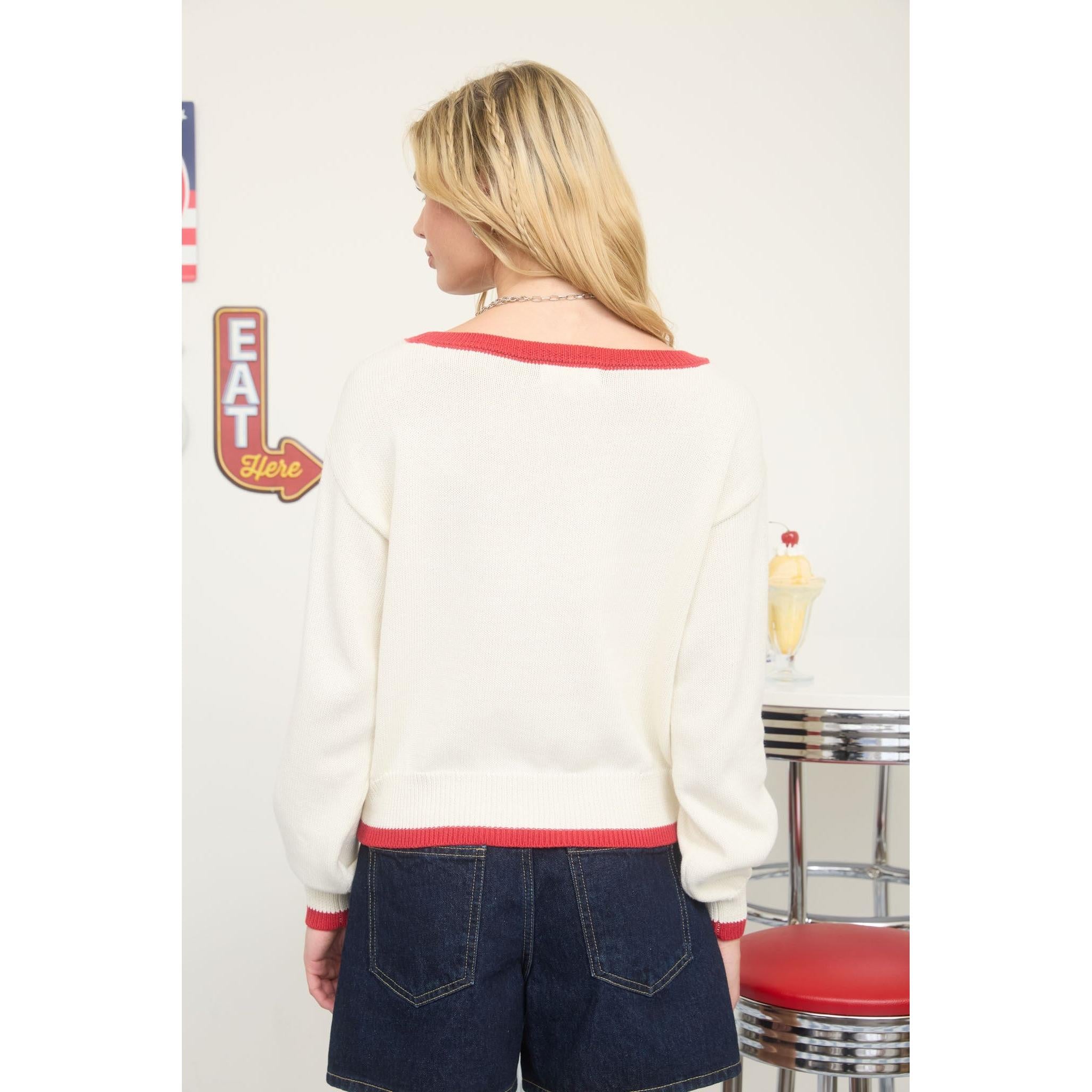 American Flag Contrast Trim Sweater || Ivory