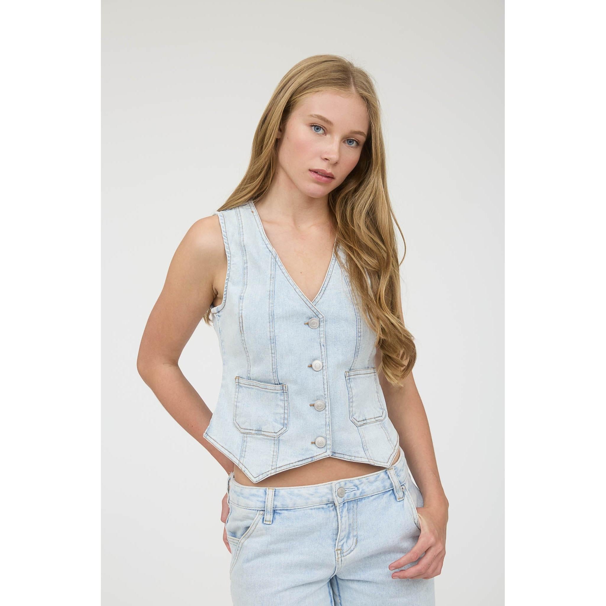 button up light wash denim vest