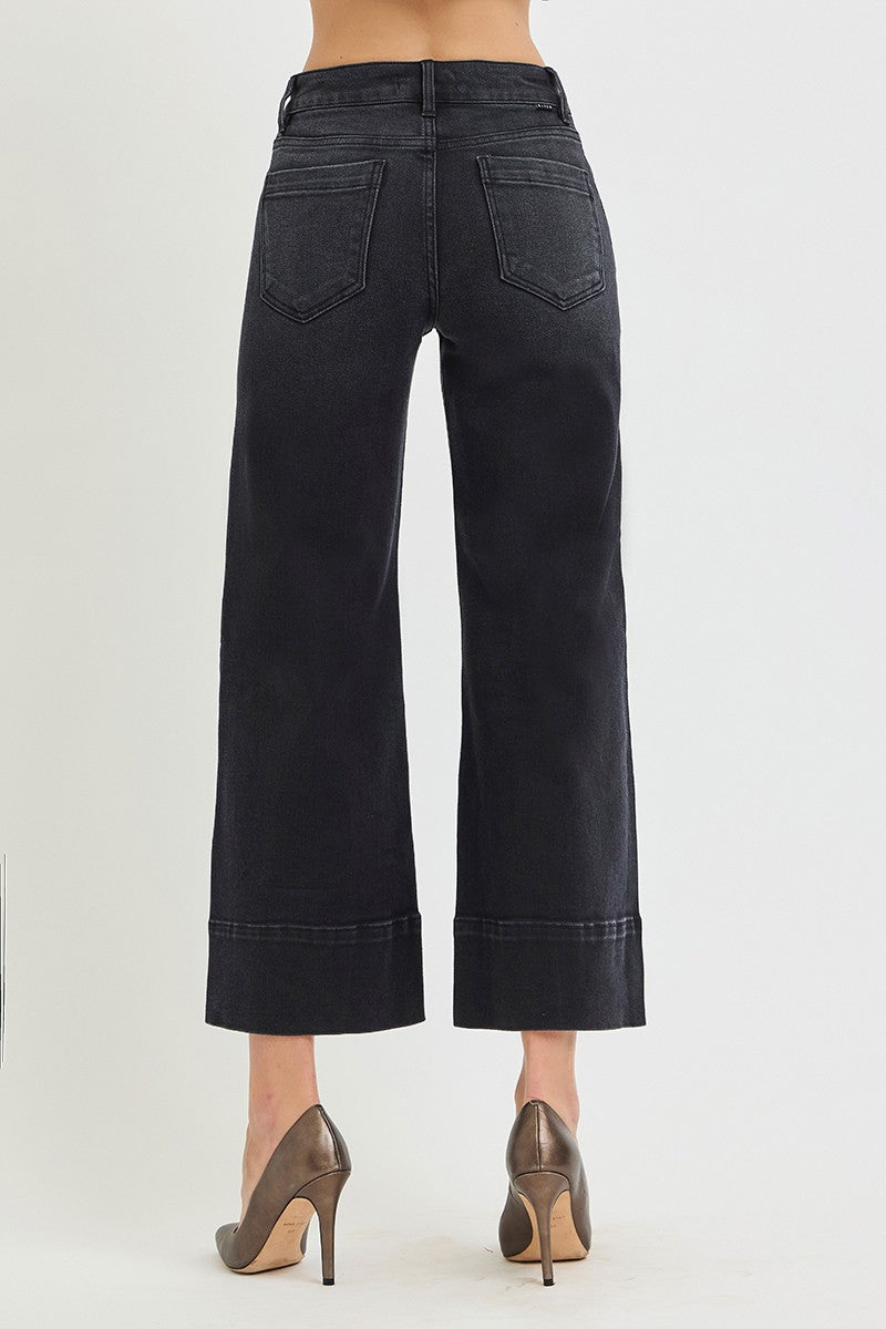 Risen Tummy Control Mid Rise Crop Wide Pintuck Jeans || Washed Black