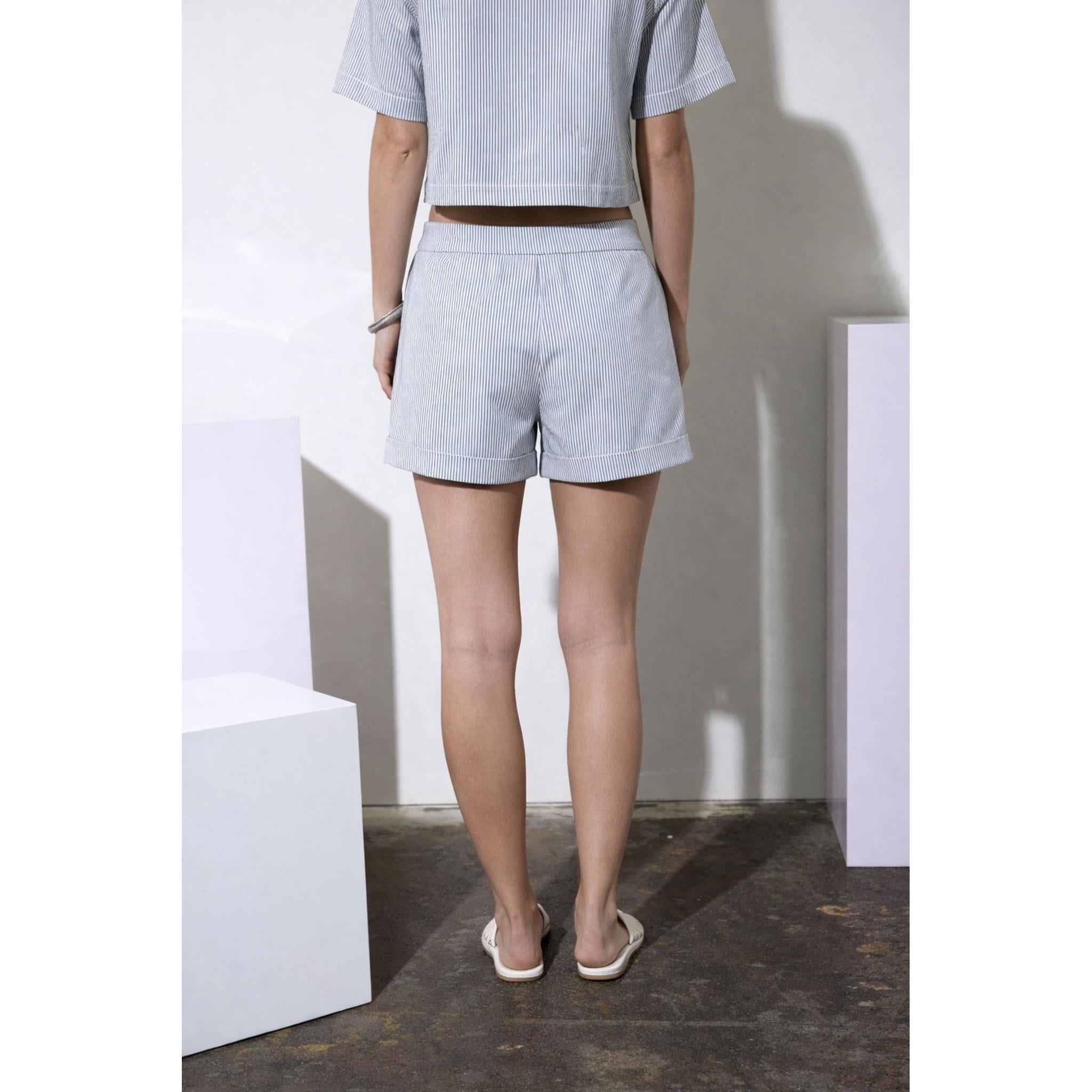 Pinstripe Cuffed Denim Shorts || Denim
