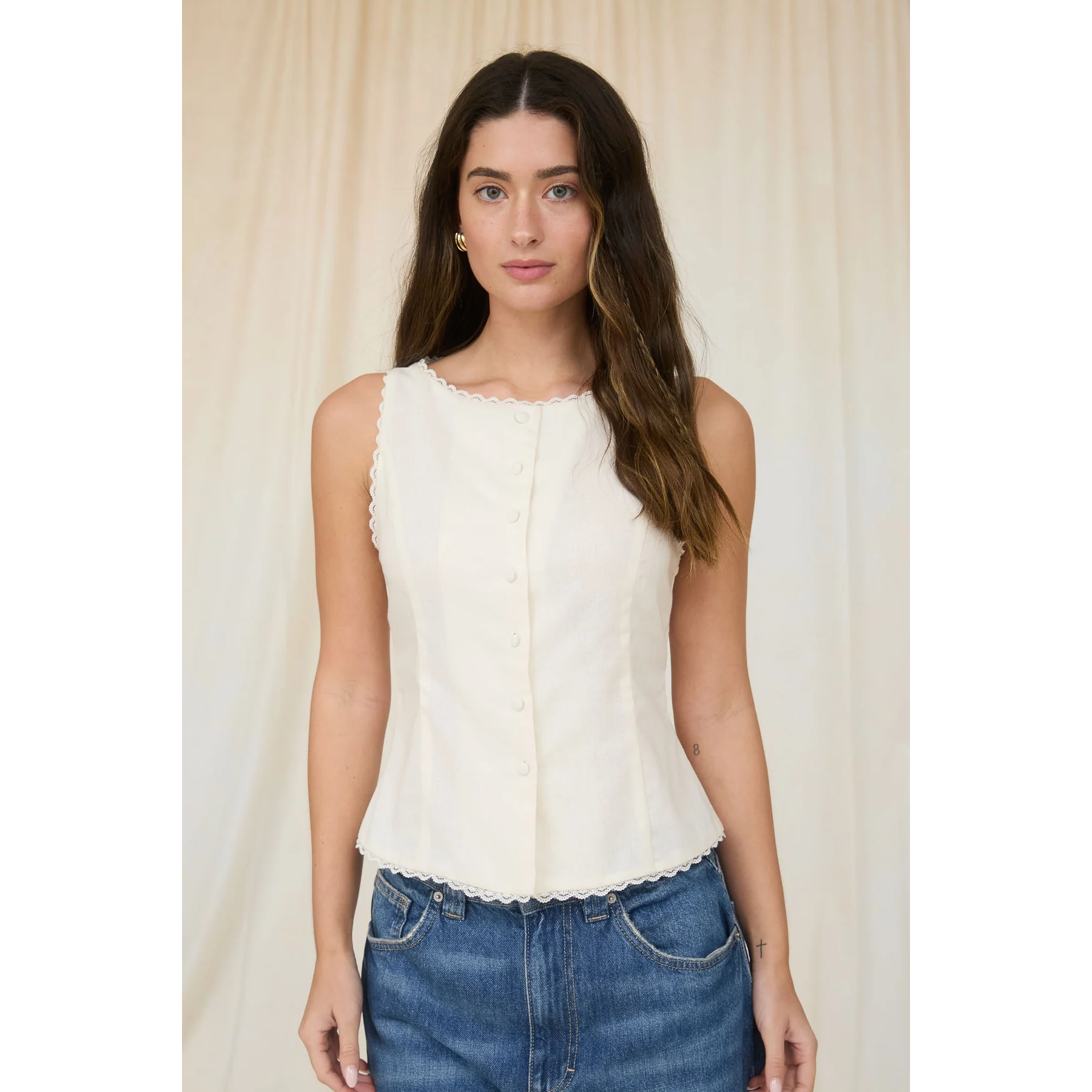 cream Lace Trim Button Down sleeveless vest top
