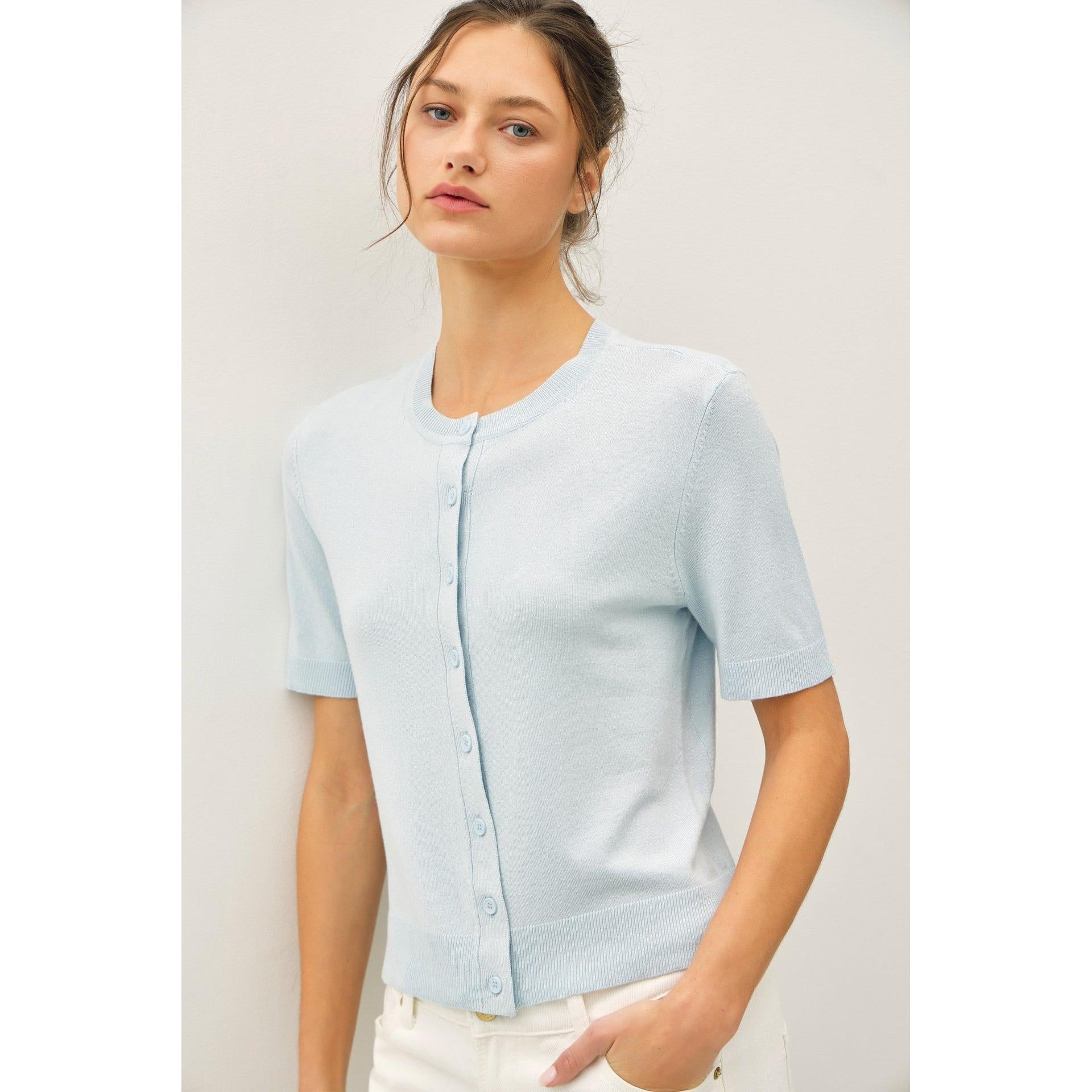 light blue short sleeve cardigan