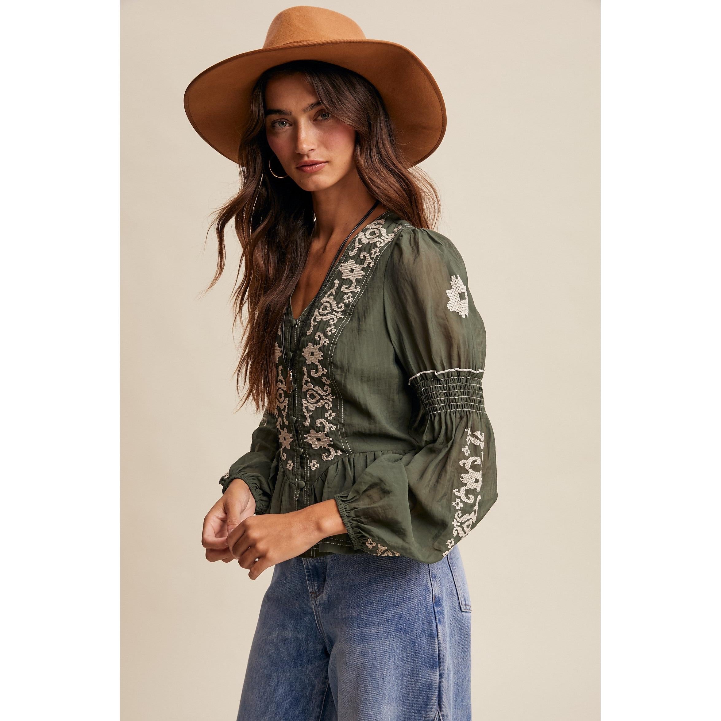 Embroidered Button Front Top || Deep Green