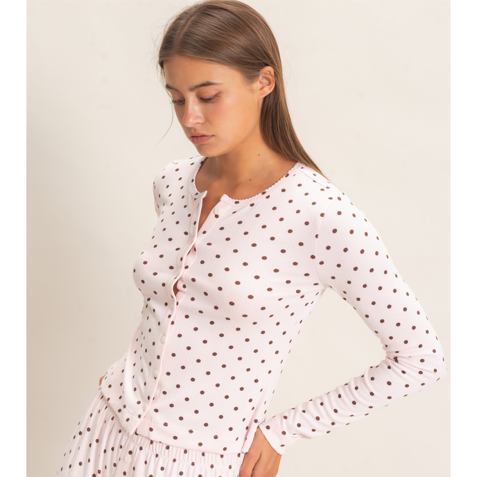 Polka Dot Button Front Long Sleeve Top