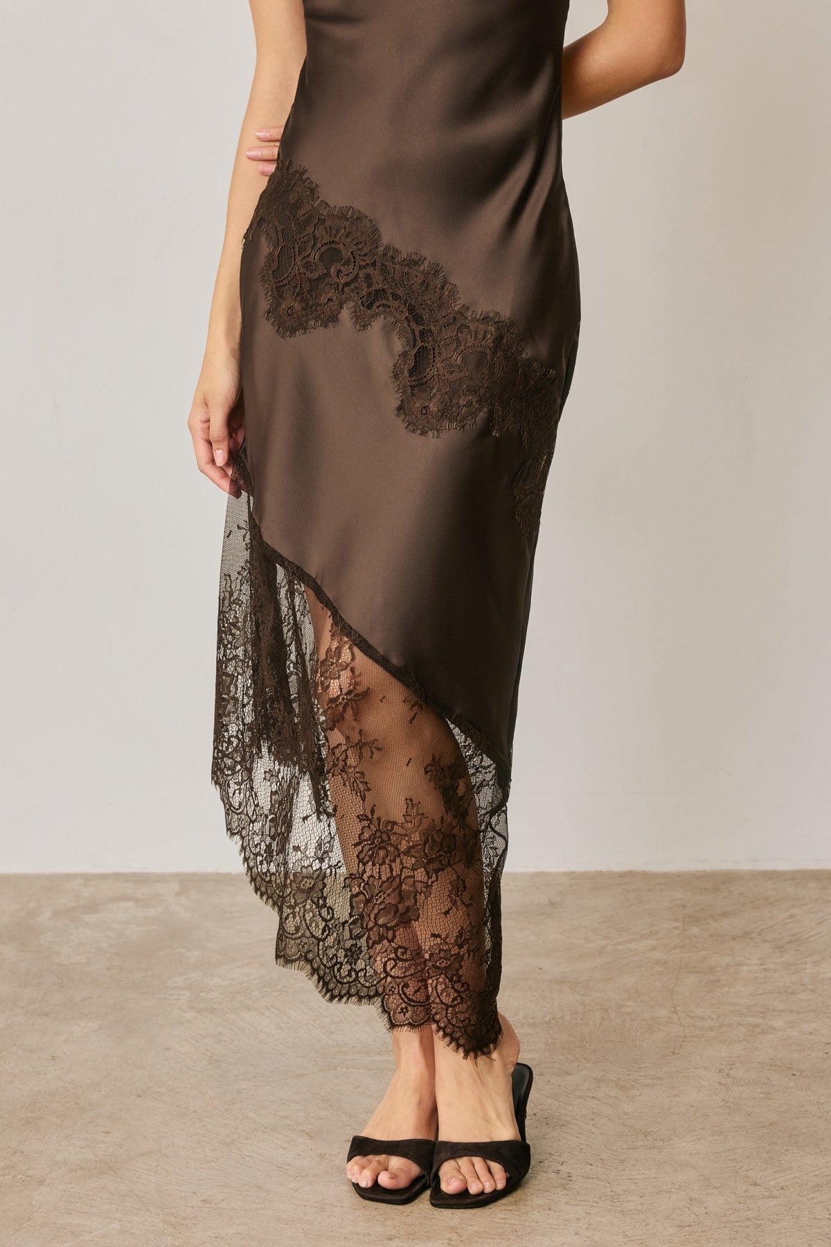 Asymmetrical Lace Trim Midi Slip Dress