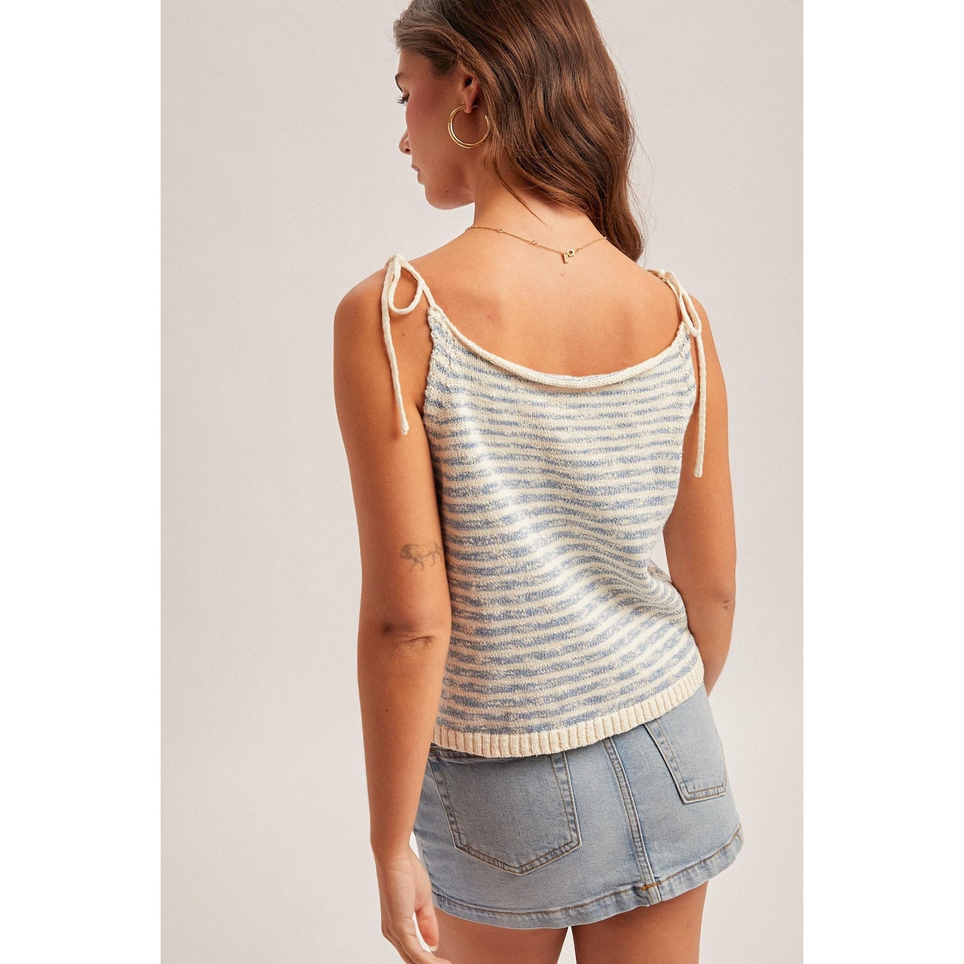 Tie Shoulder Heart Flag Sweater Tank || Sky