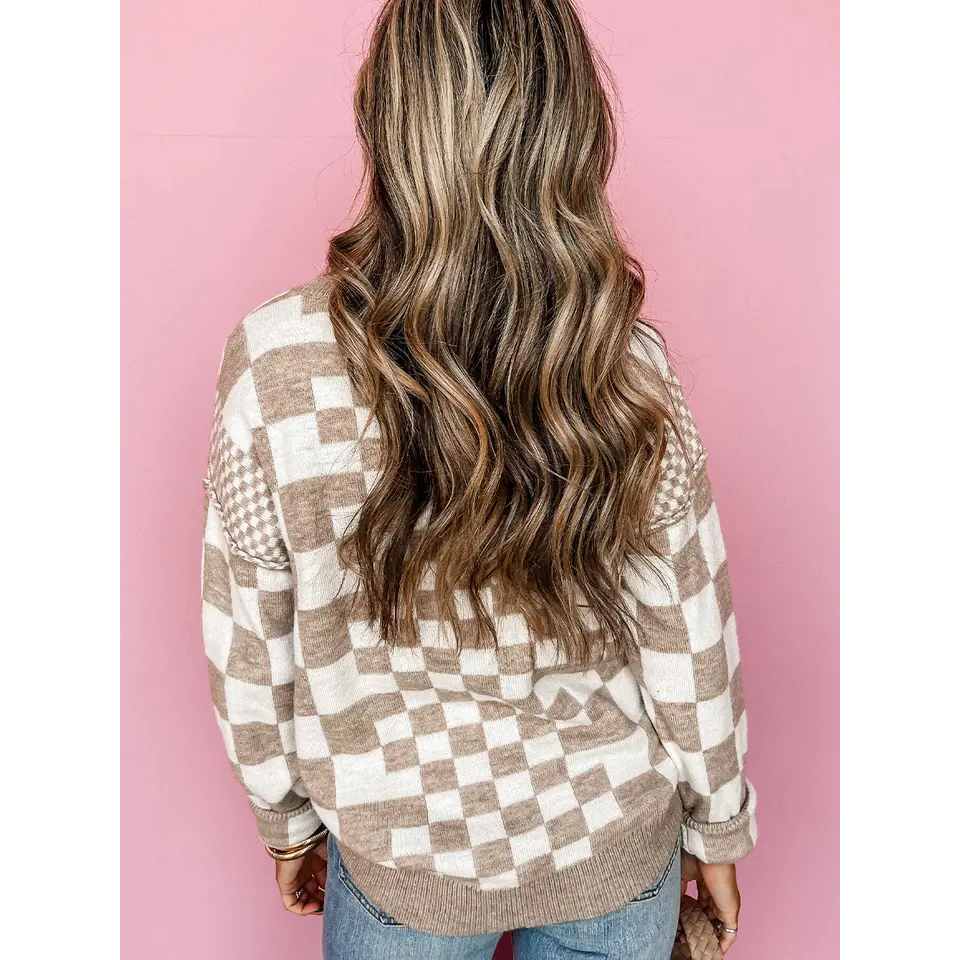Checkered Print Drop Shoulder Sweater || Khaki