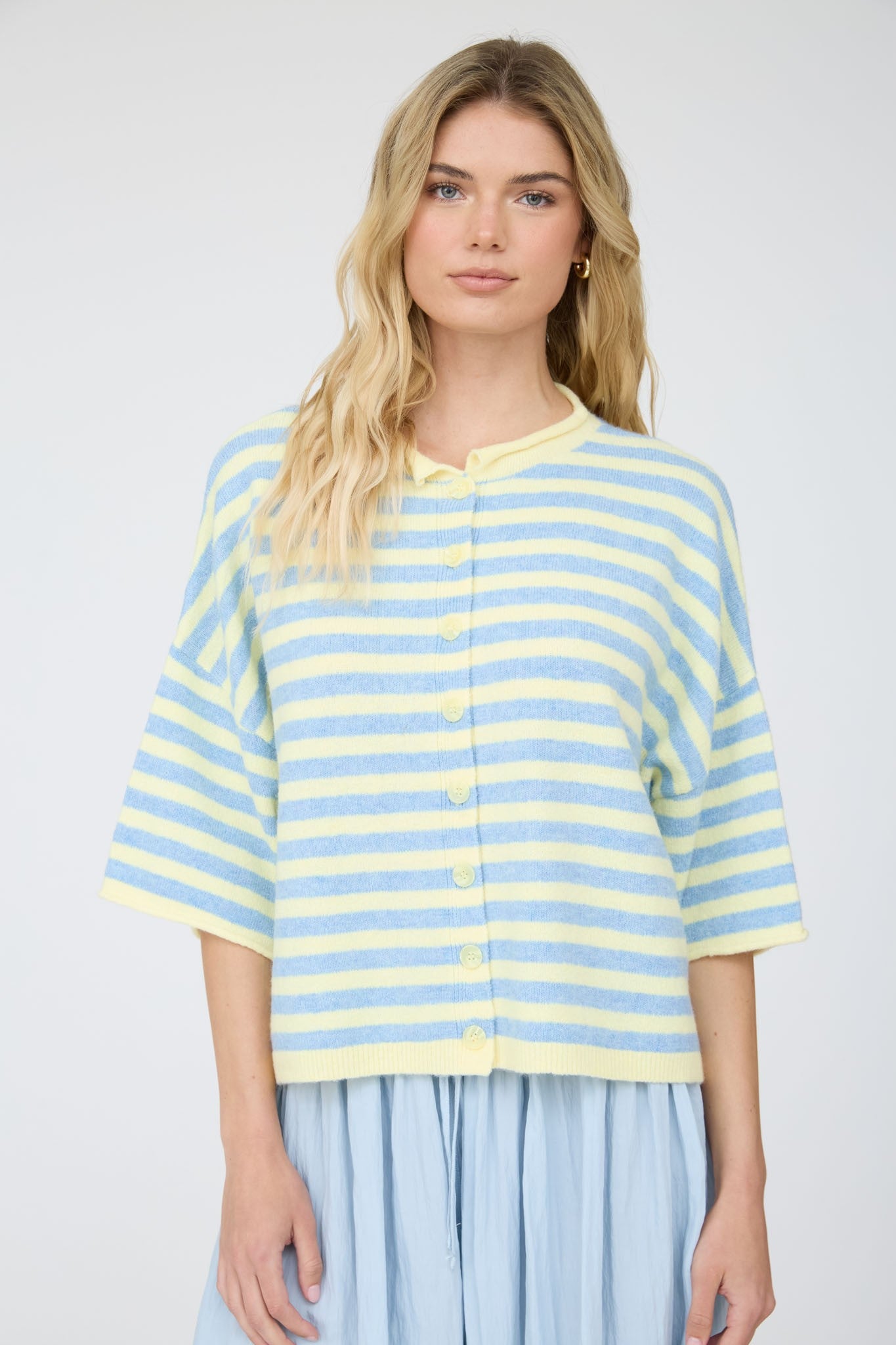 Raw Edge Short Sleeve Striped Cardigan || Yellow