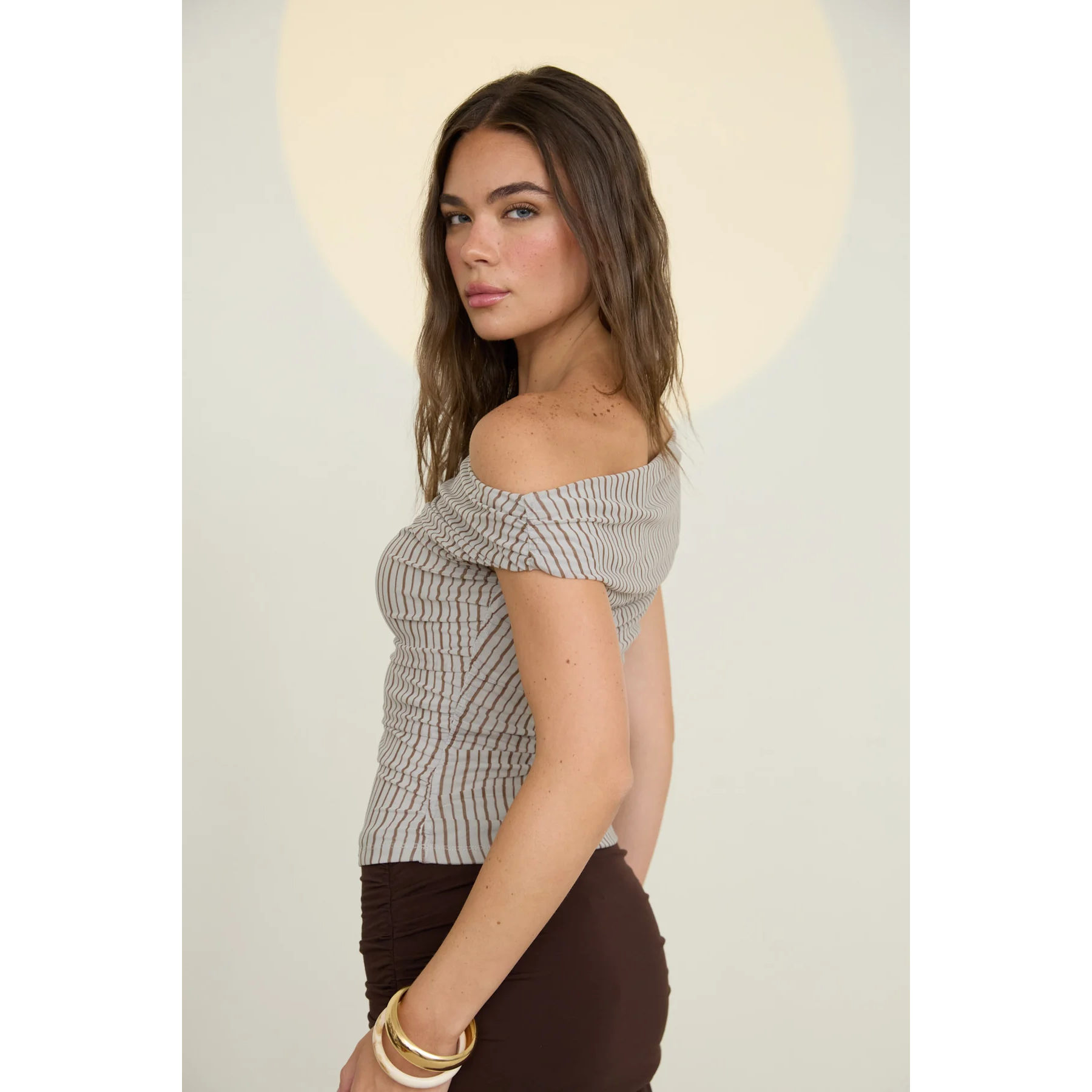 Stripe Off The Shoulder Ruched Top || Light Grey