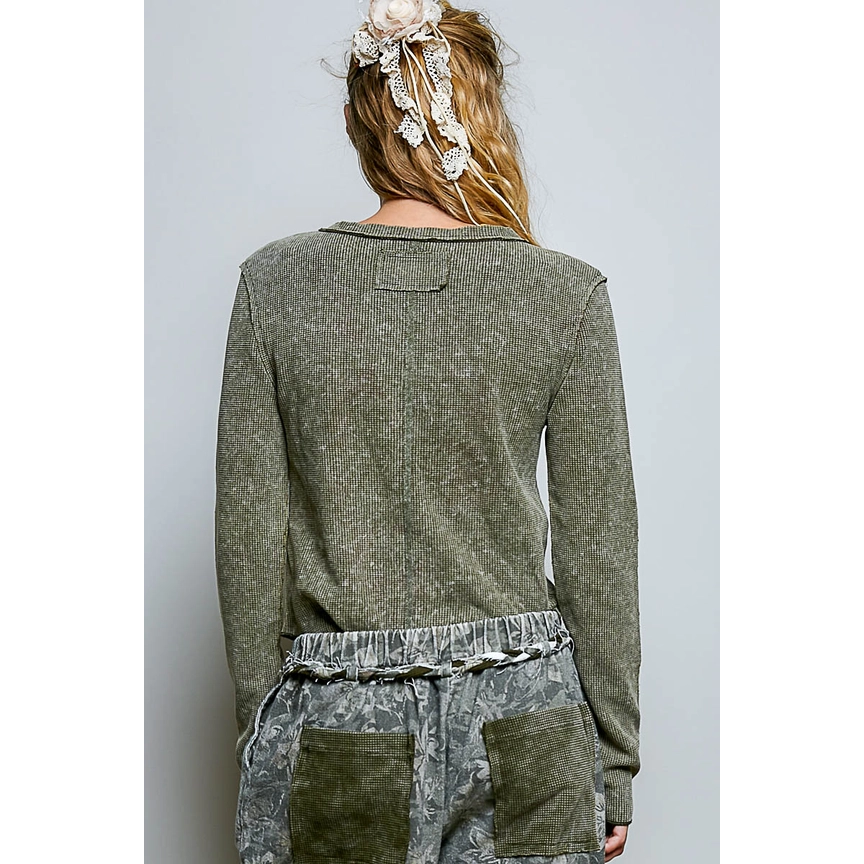 POL Vintage Washed Button Down Thermal Knit Top || Olive