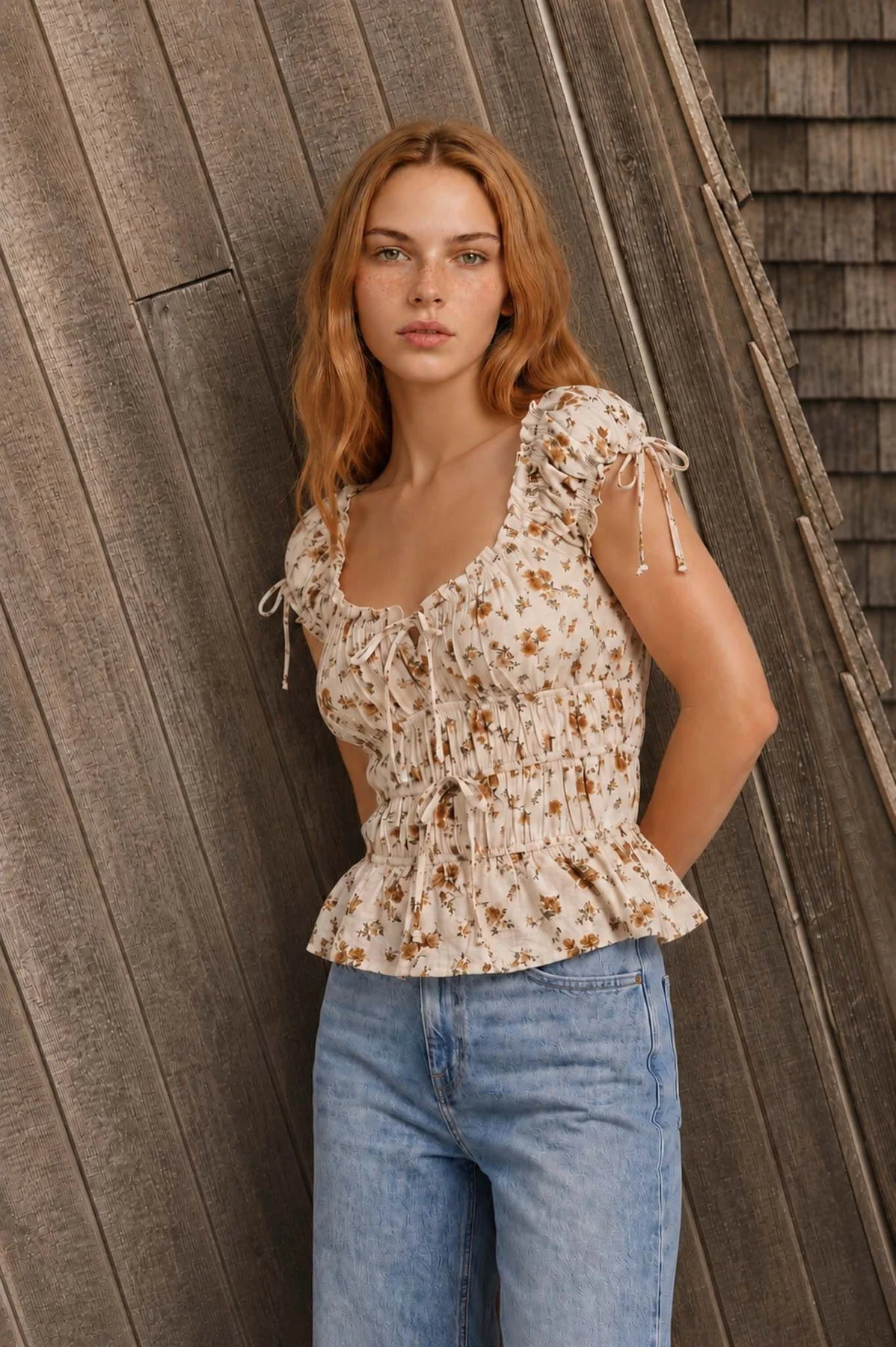 Floral Front Tie Ruffled Top || Beige Multi