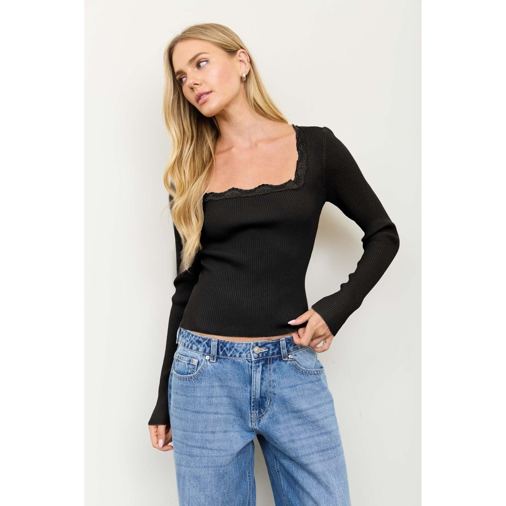 Square Neck Lace Trim Top