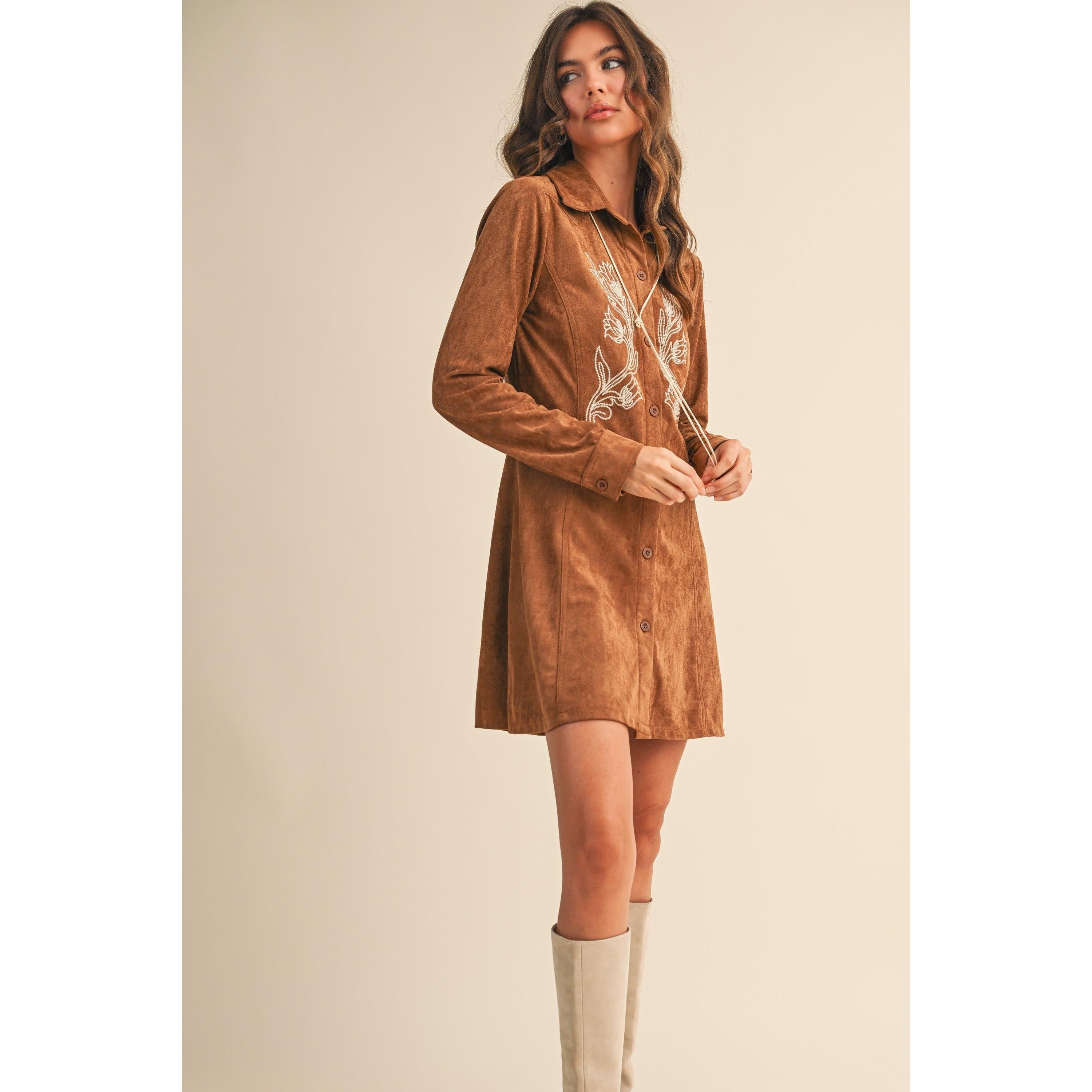 Embroidered Suede Button Down Mini Dress || Mocha