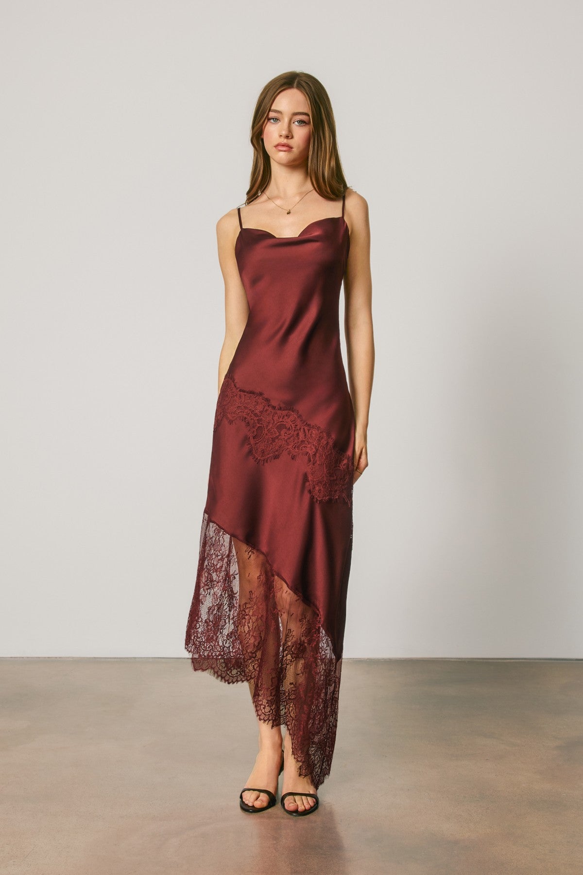 Asymmetrical Lace Trim Midi Slip Dress