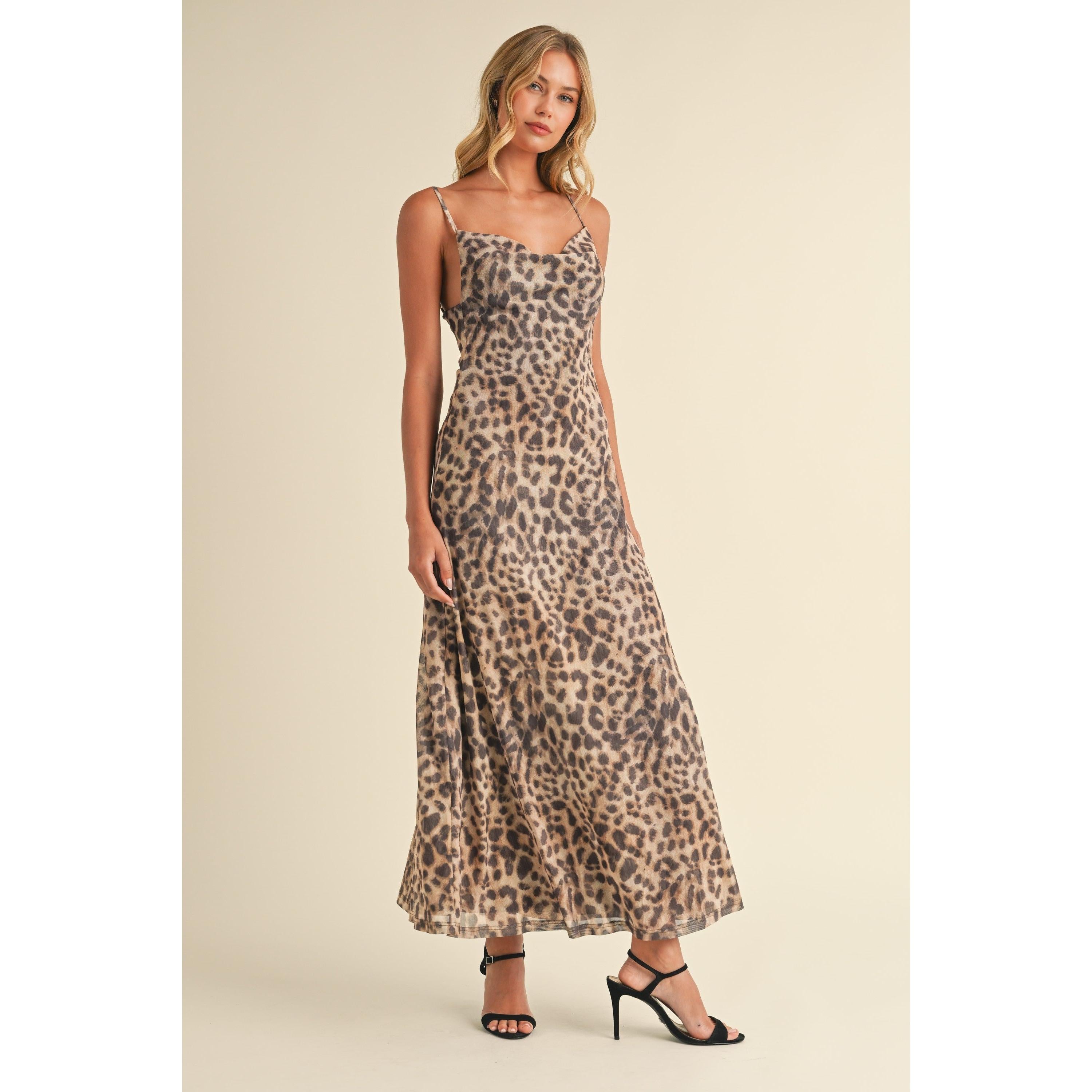 Cowl Neck Mesh Maxi Dress || Leopard