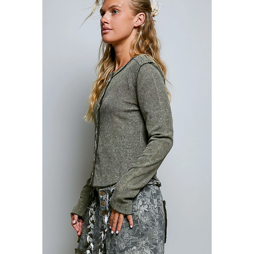 POL Vintage Washed Button Down Thermal Knit Top || Olive