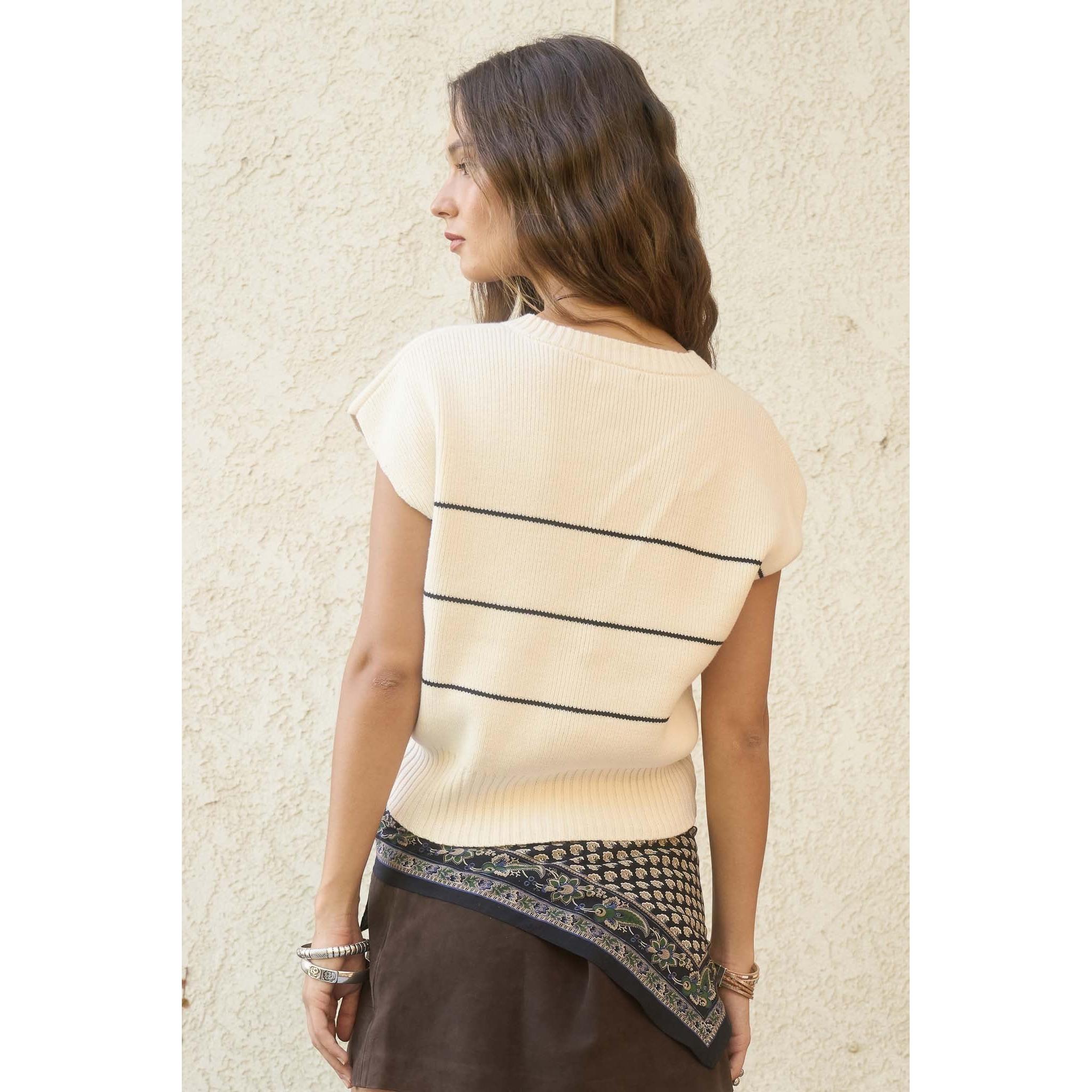 Stripe Button Down Short Sleeve Cardigan || Cream