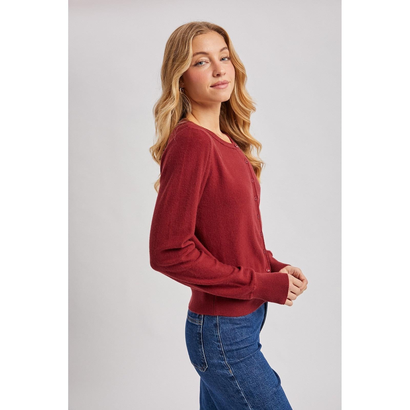 Button Down Crew Neck Cardigan || Wine