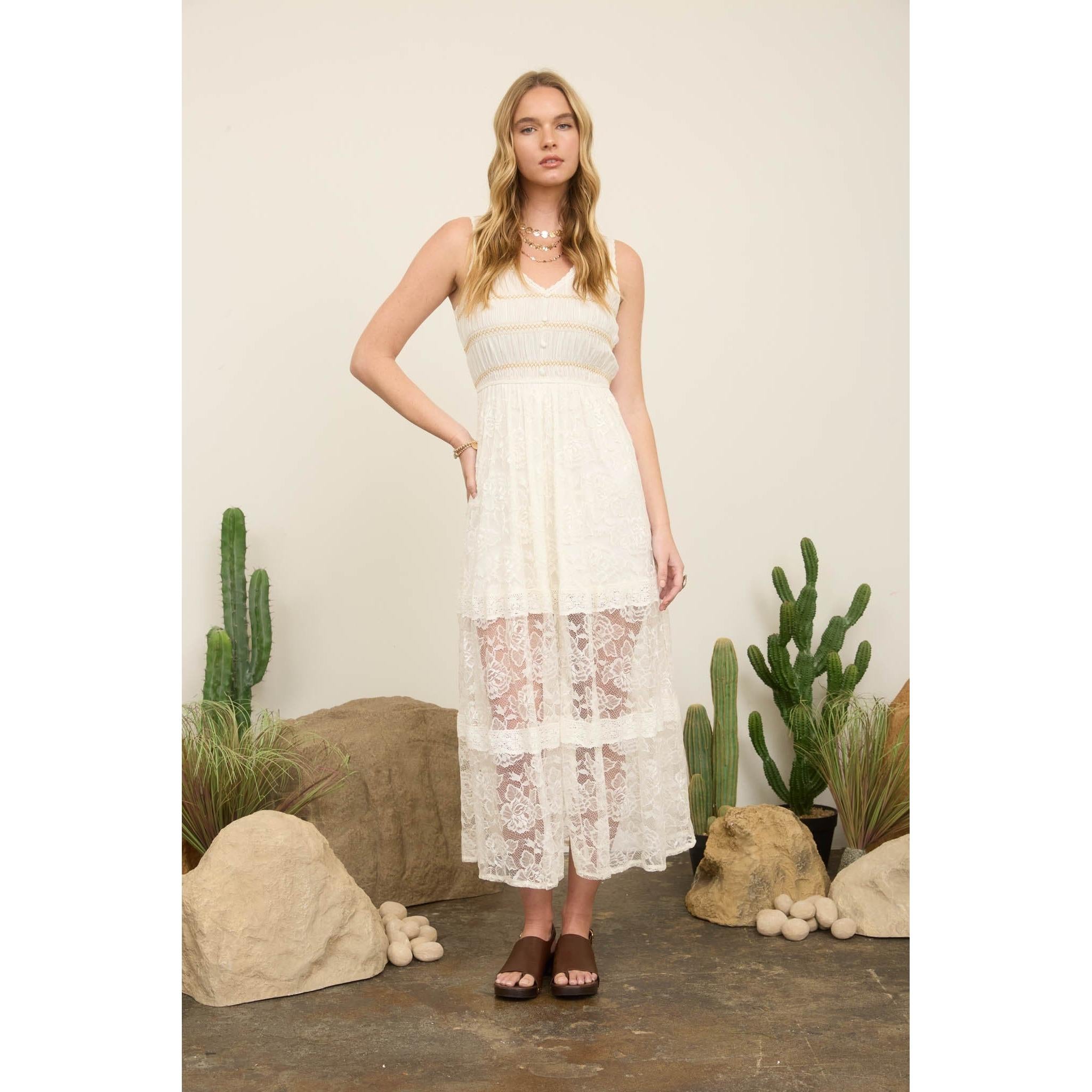 Lace Sleeveless Shirred Maxi Dress