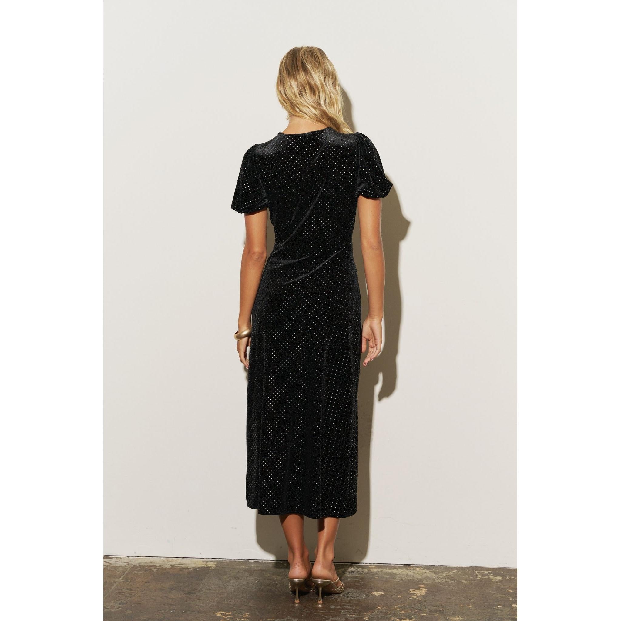 Polka Dot Velvet Lace Trim Puff Sleeve Midi Dress || Black/Gold