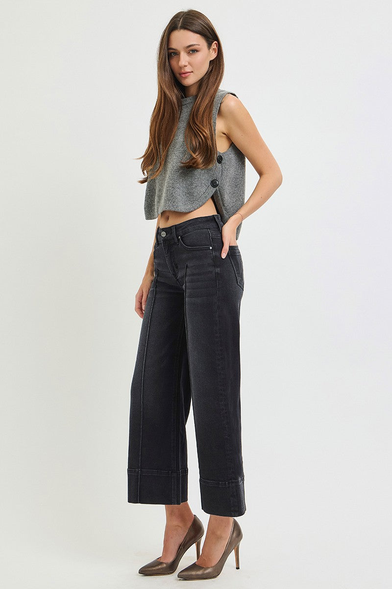 Risen Tummy Control Mid Rise Crop Wide Pintuck Jeans || Washed Black