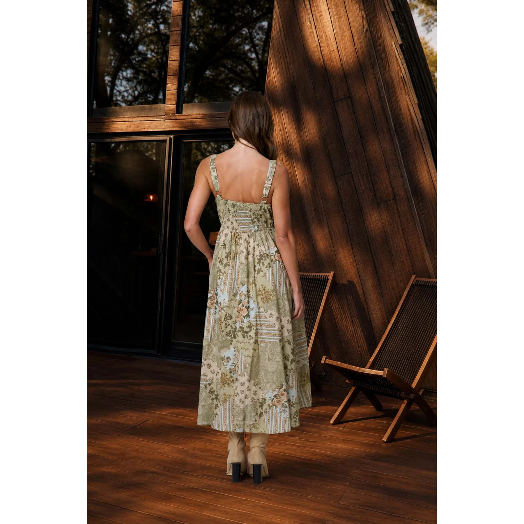 Mixed Pattern Sleeveless Corset Midi Dress  || Olive