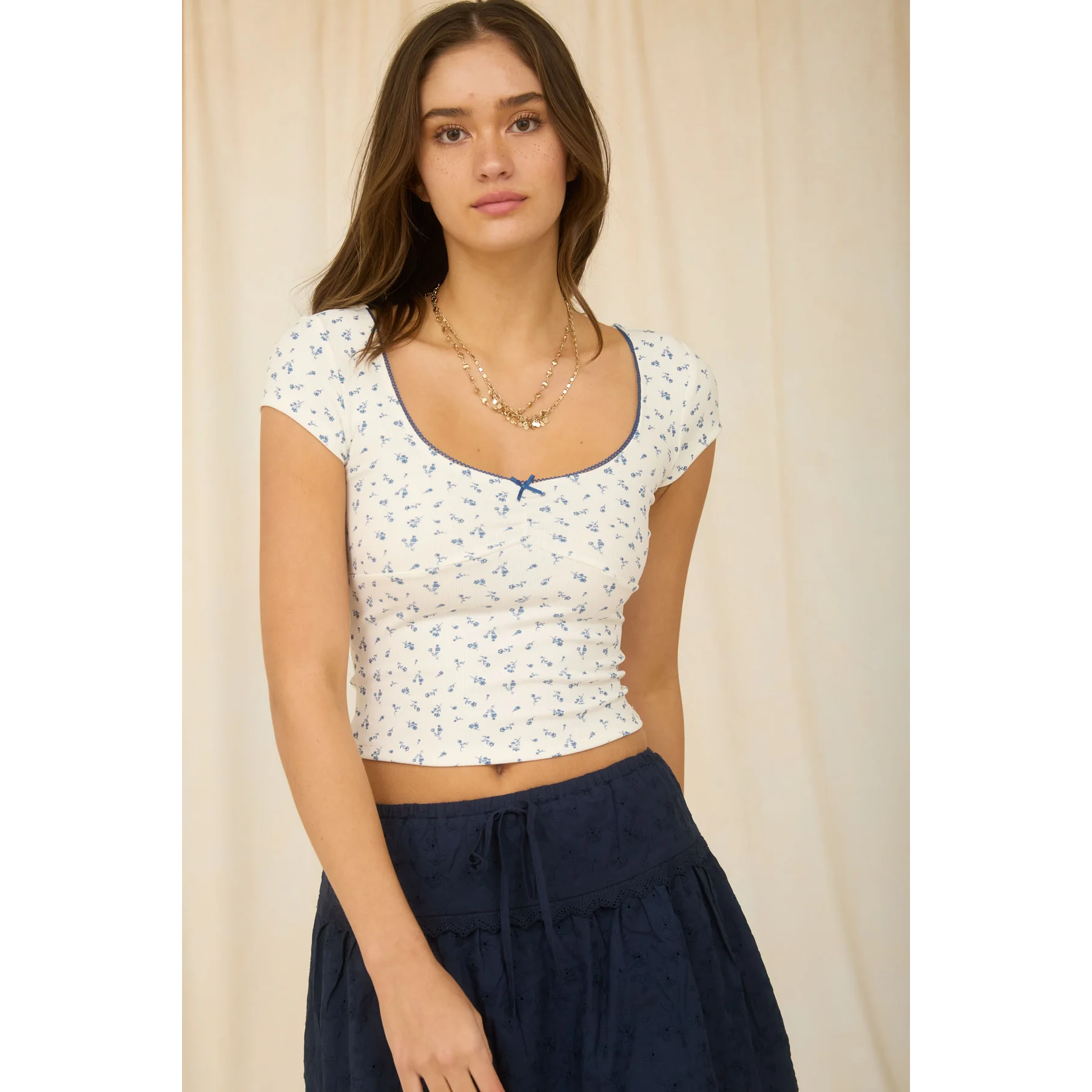 short sleeve blue ditsy floral top