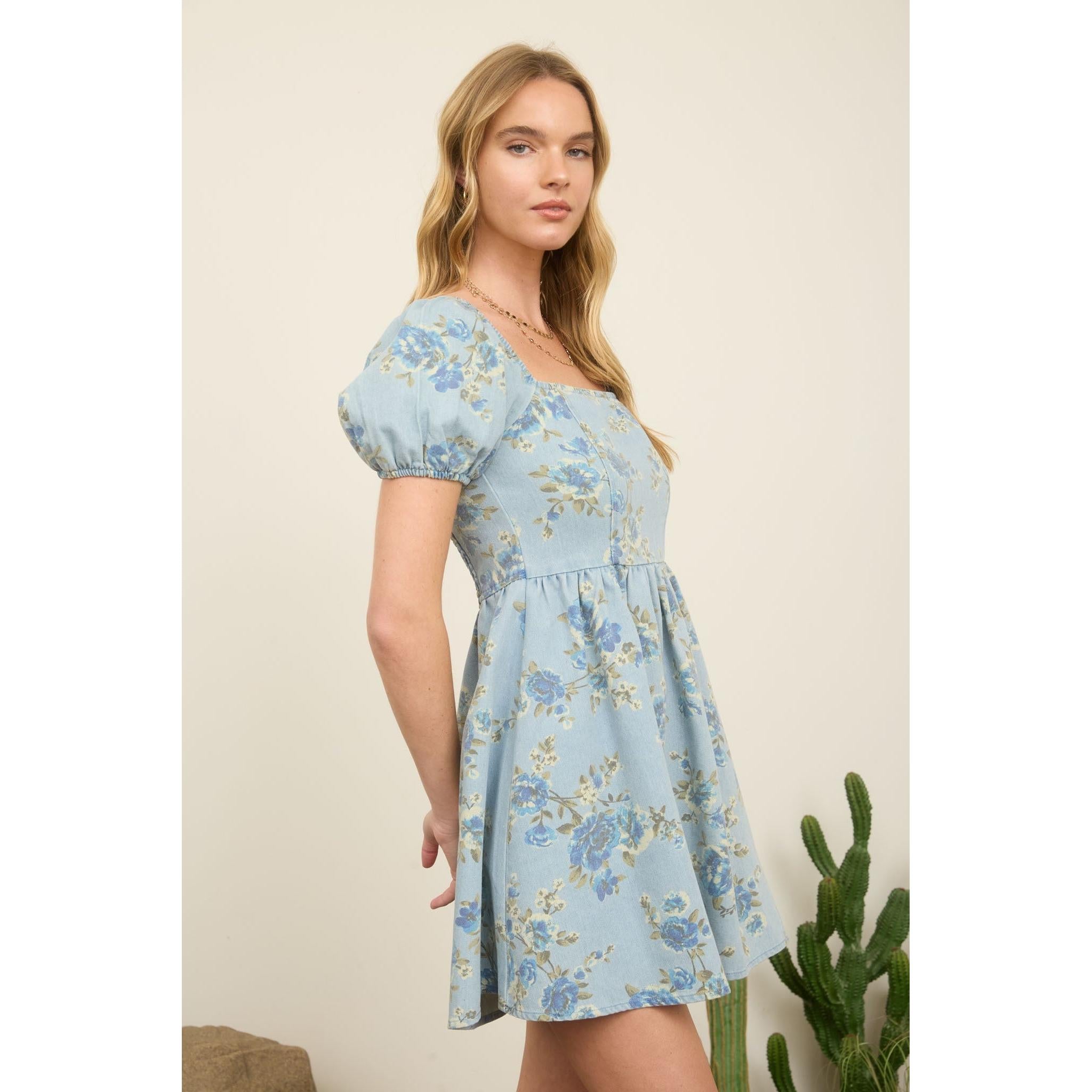 Floral Denim Puff Sleeve Mini Dress || Light Denim