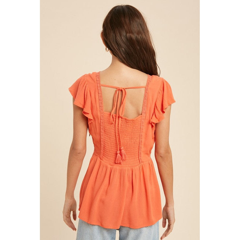 Lace Accent V Neck Top || Coral