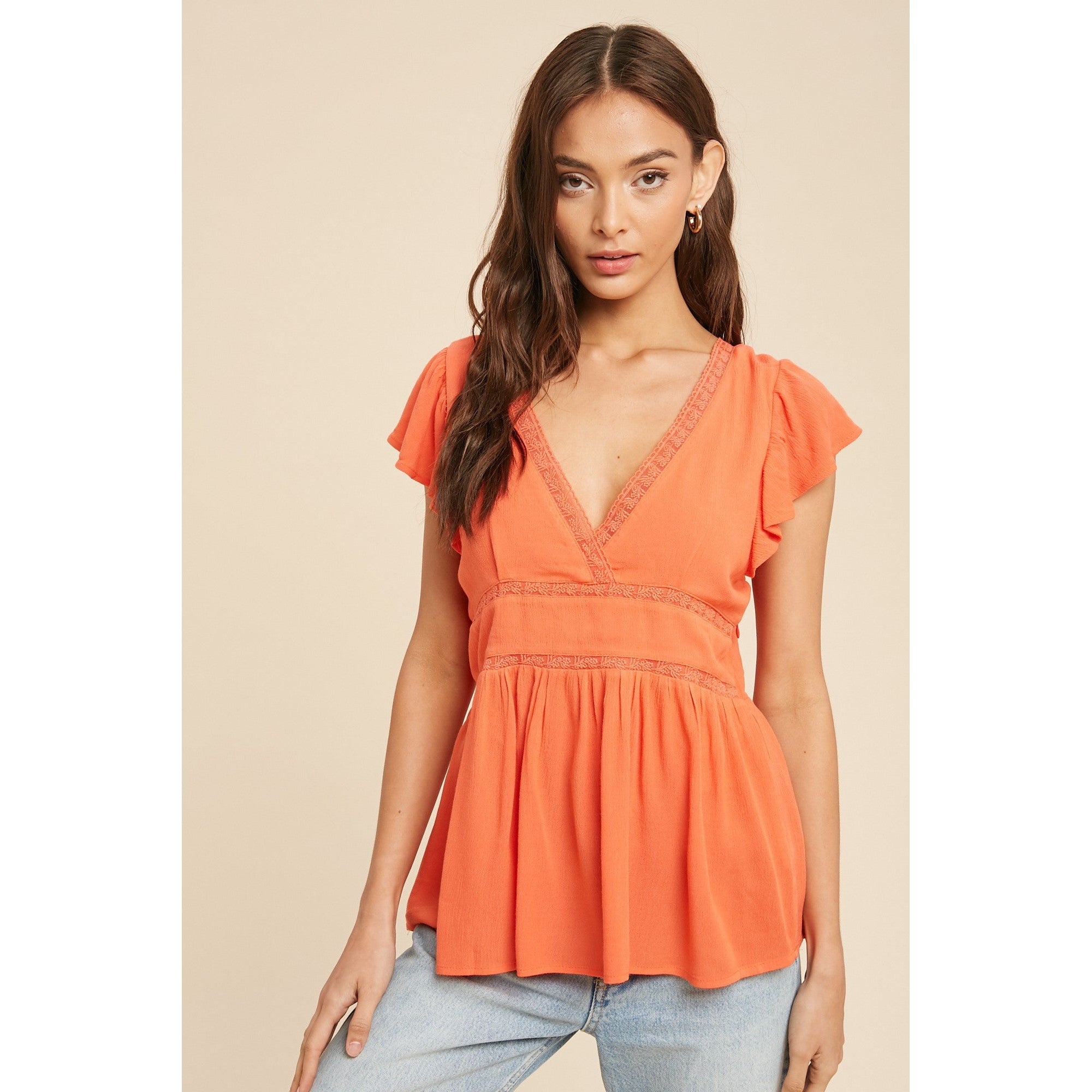 Lace Accent V Neck Top || Coral