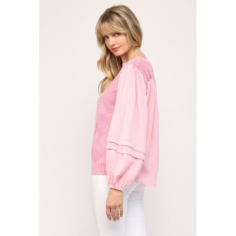 Washed Gauze & Cable Knit Sweater || Pink